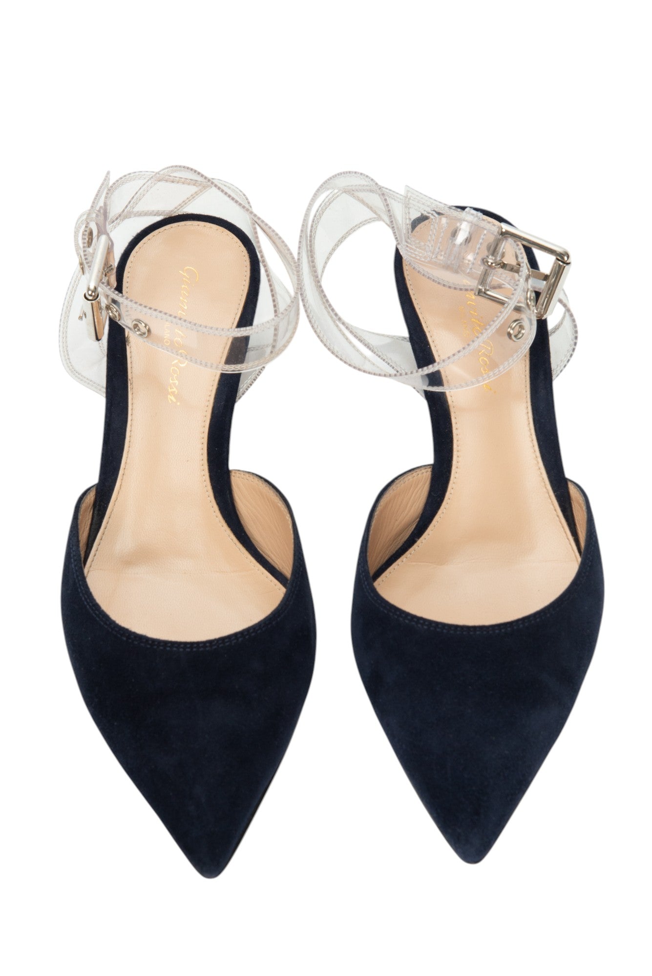 GIANVITO ROSSI Blue Suede Glyn PVC Ankle Strap Pumps Size 36.5