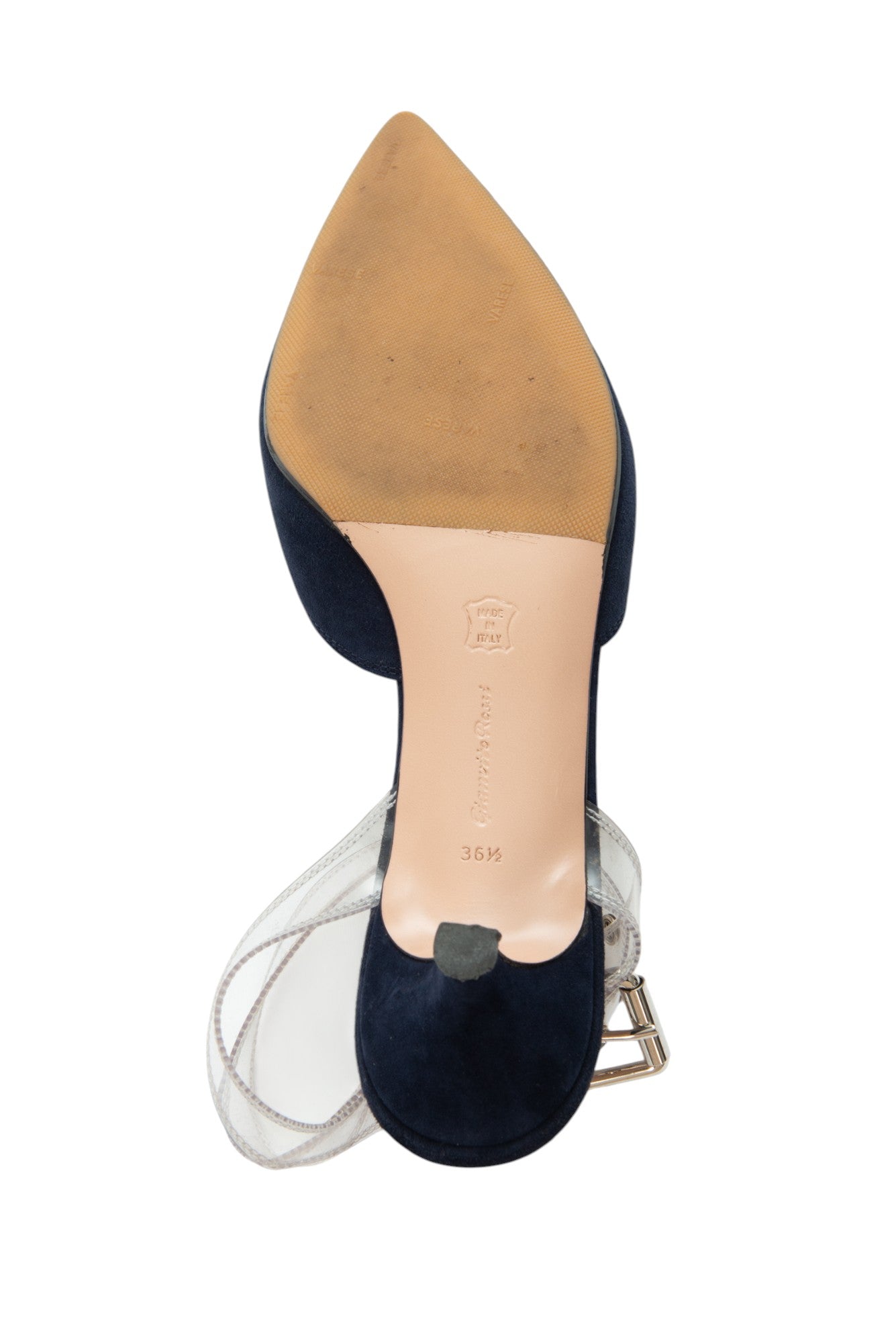 GIANVITO ROSSI Blue Suede Glyn PVC Ankle Strap Pumps Size 36.5