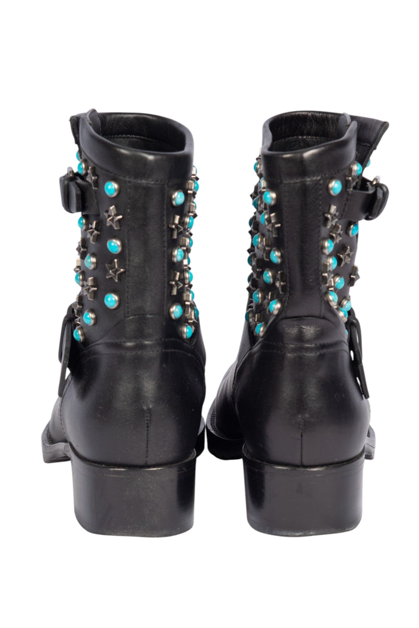 VALENTINO Black Leather Studded Biker Ankle Boots Size 37 US 7