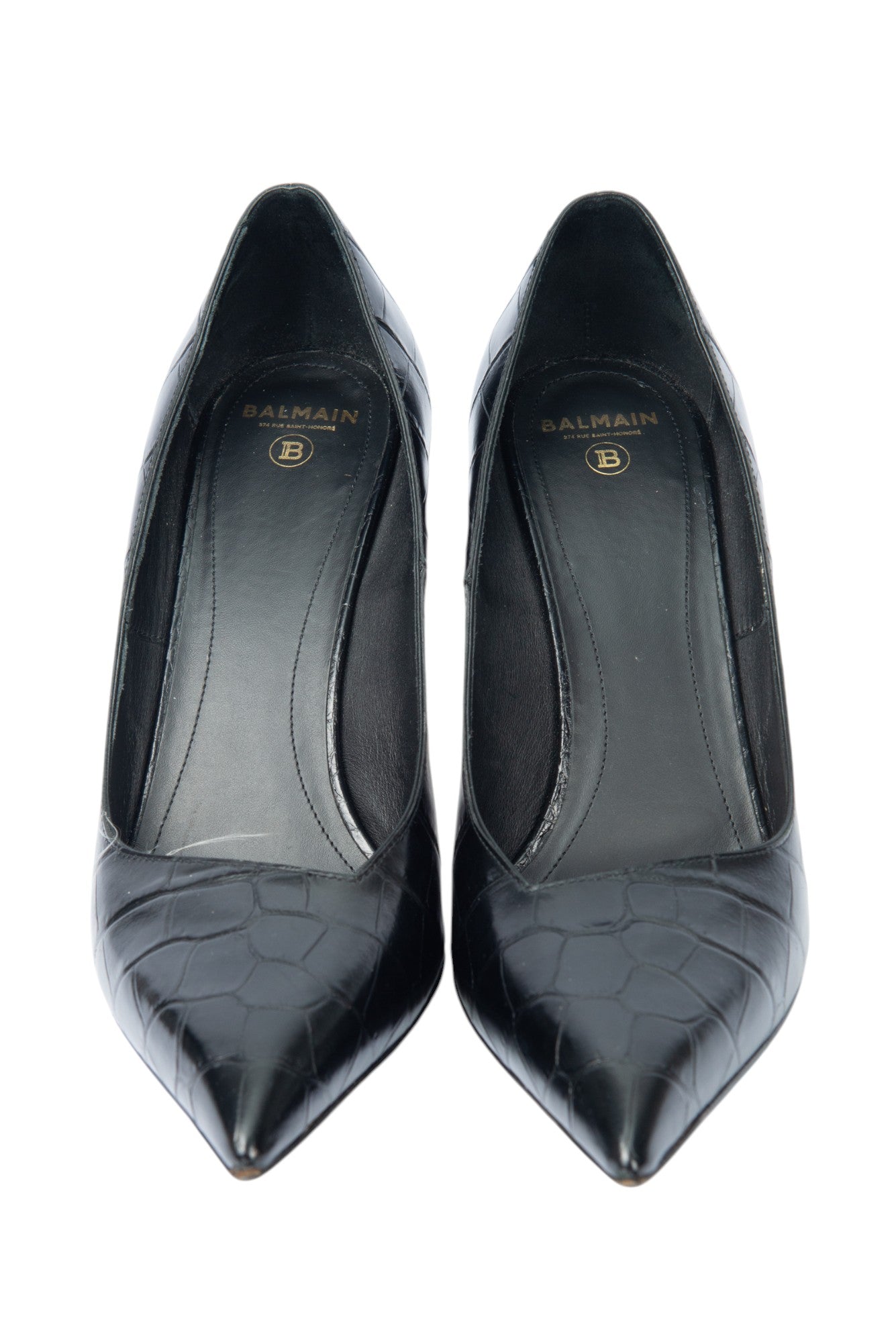 BALMAIN Black Croc-Embossed Leather Moneta Heels Size 39 US 9