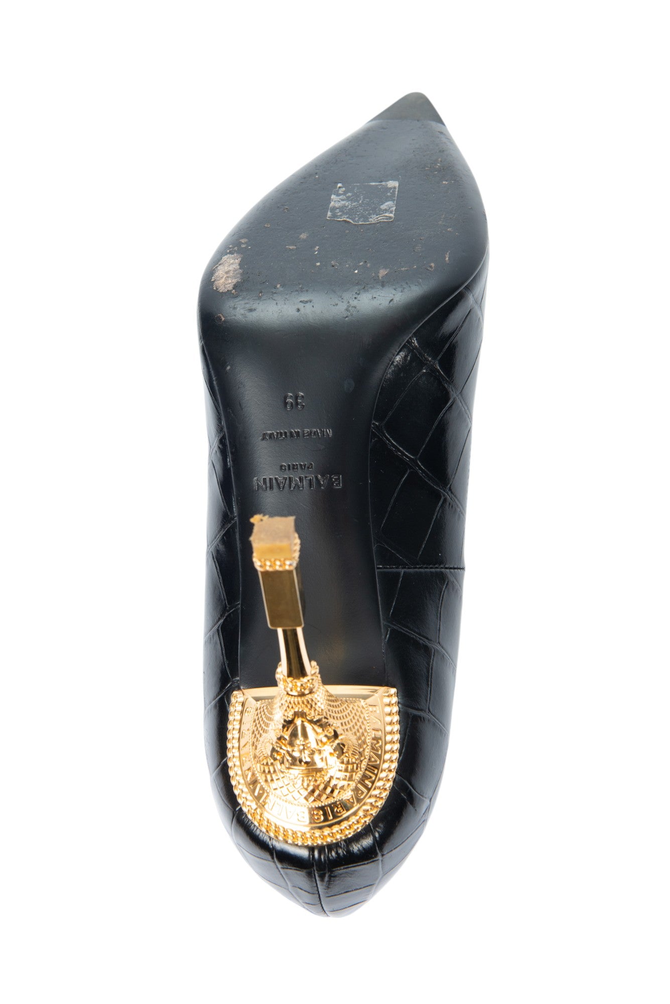 BALMAIN Black Croc-Embossed Leather Moneta Heels Size 39 US 9