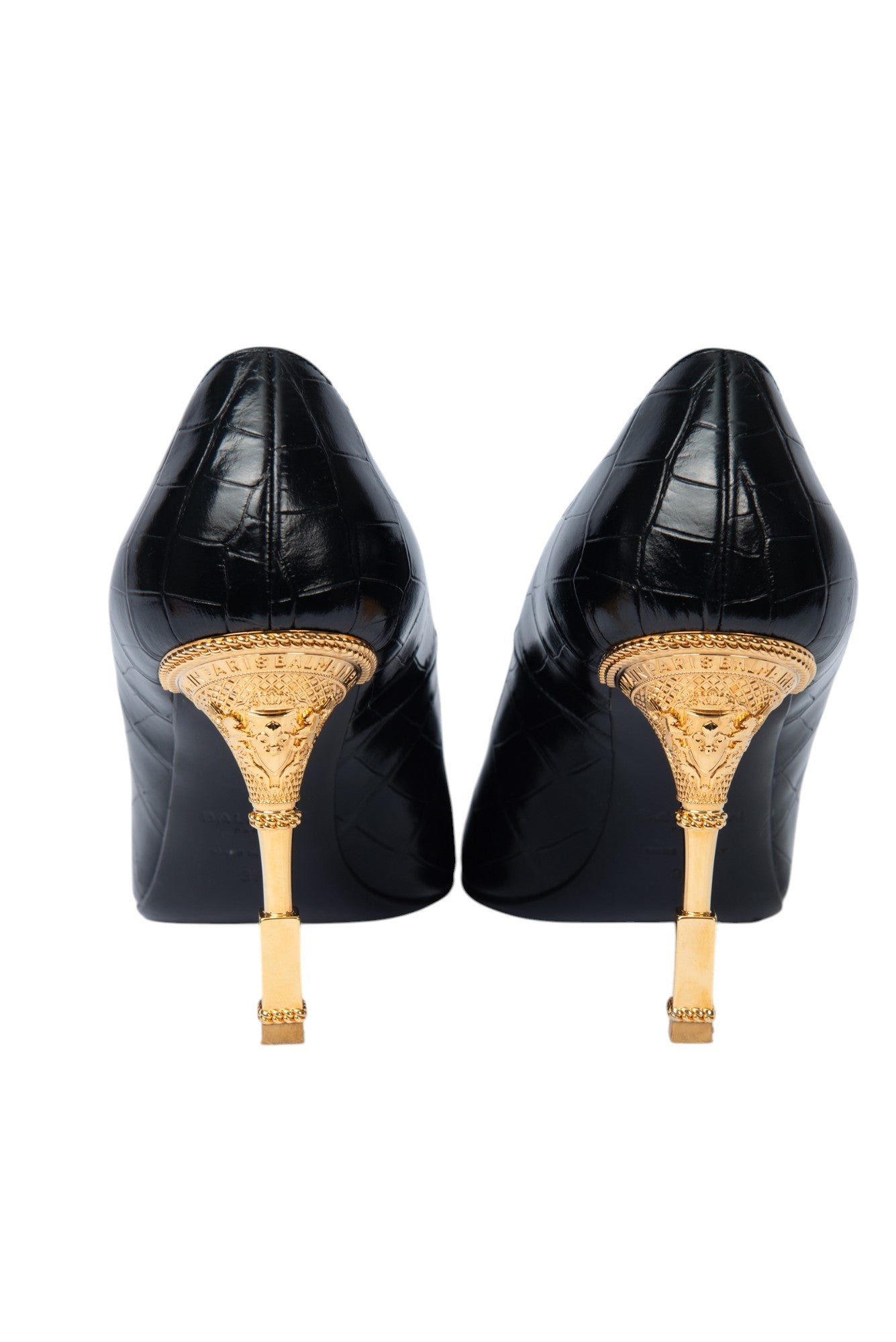BALMAIN Black Croc-Embossed Leather Moneta Heels Size 39 US 9