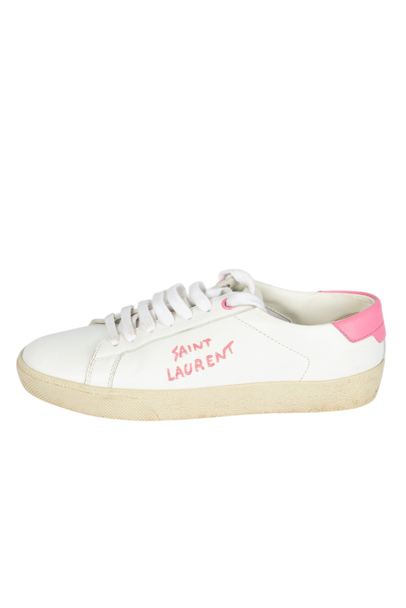 SAINT LAURENT White Pink Leather Logo Court Classic Sneakers Size 35 US 5