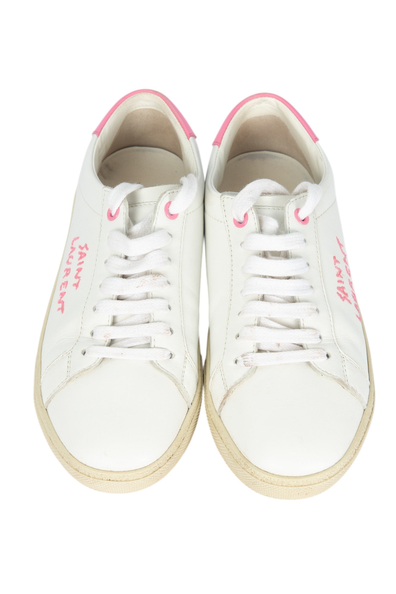 SAINT LAURENT White Pink Leather Logo Court Classic Sneakers Size 35 US 5