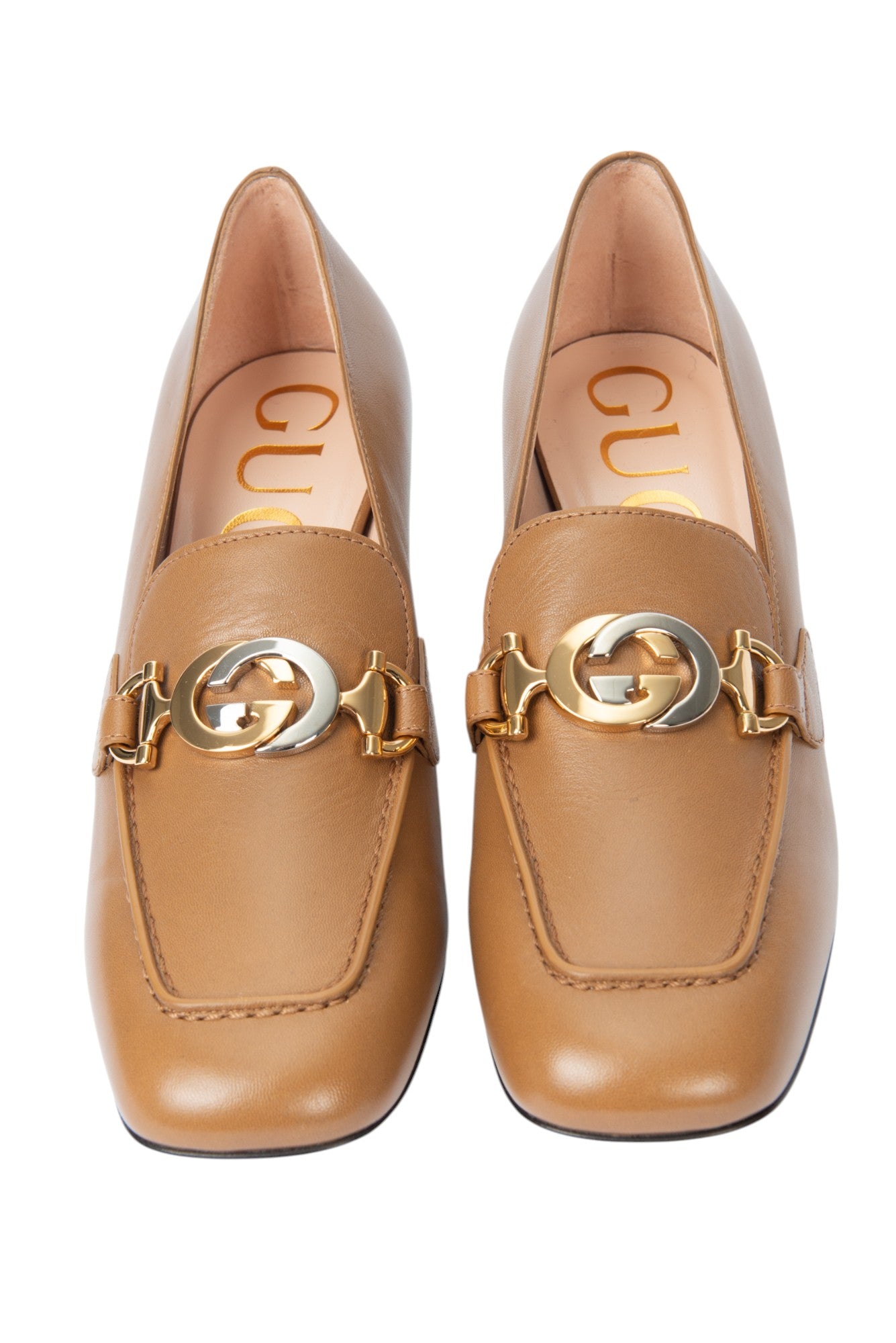 GUCCI Brown Leather G Zumi Logo Loafer Heels Size 36.5 US 6.5