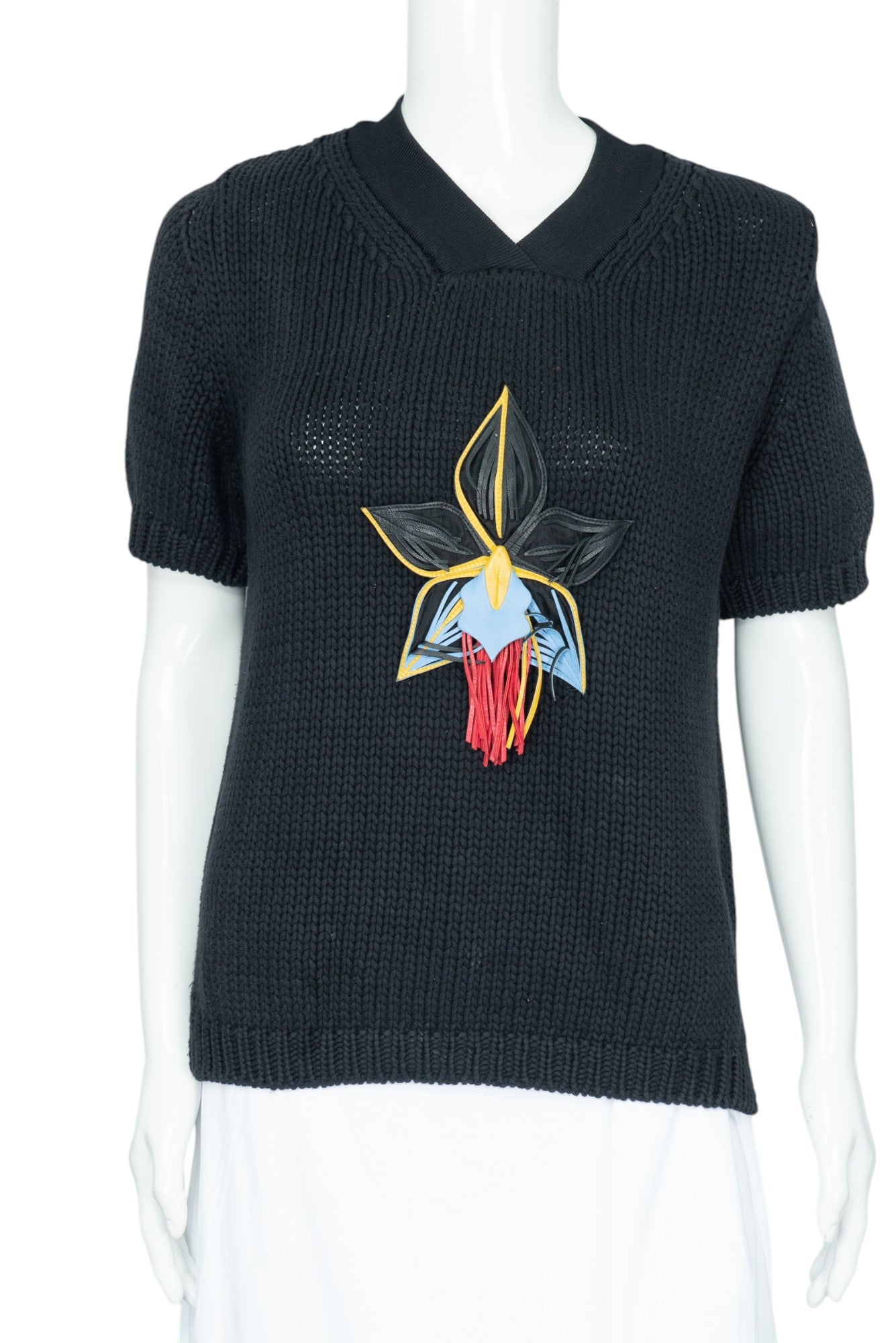 FENDI Black Cotton Knit Floral Appliqué Sweater Size 42 US 6