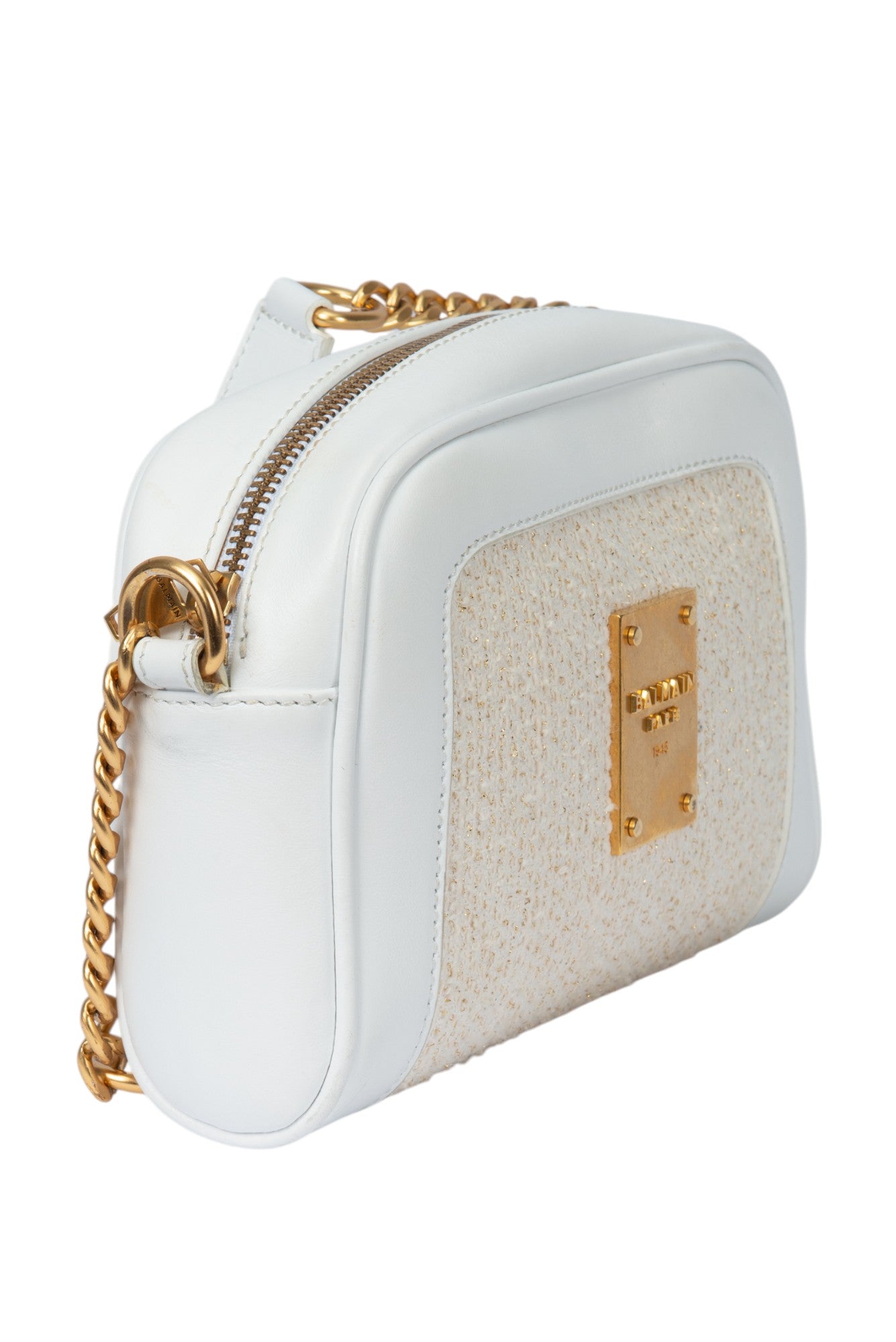 BALMAIN White Gold Plaque Logo Accent Zip Shoulder Bag