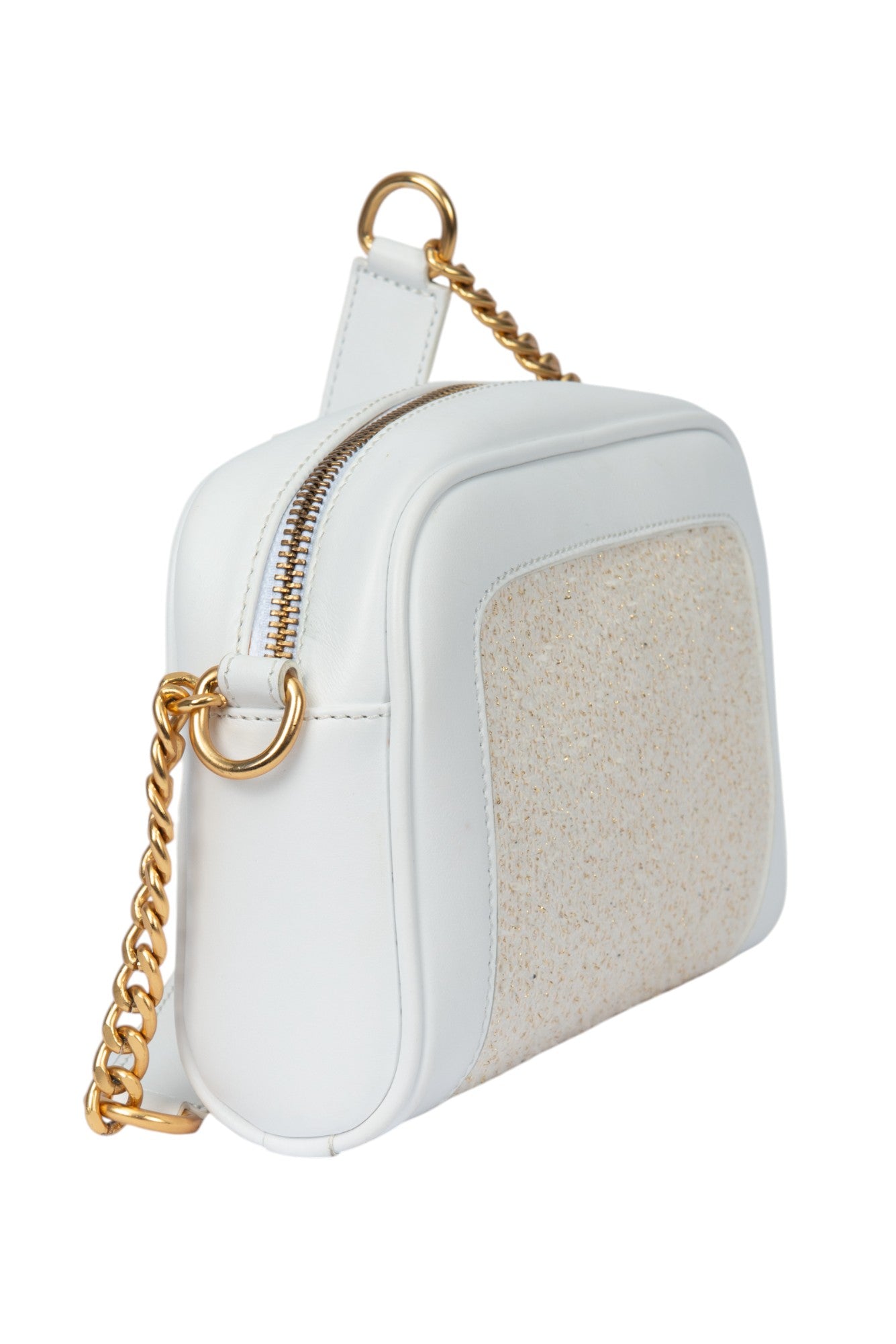 BALMAIN White Gold Plaque Logo Accent Zip Shoulder Bag