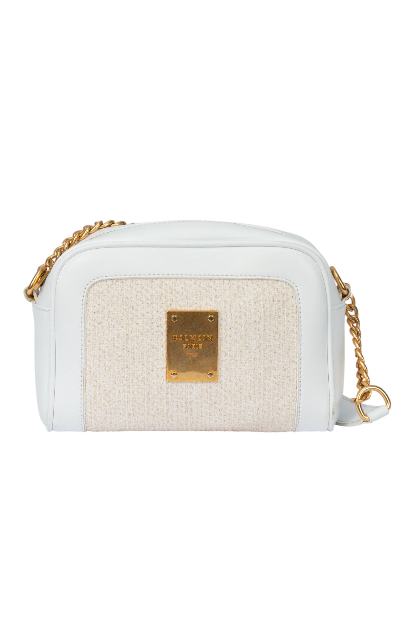 BALMAIN White Gold Plaque Logo Accent Zip Shoulder Bag
