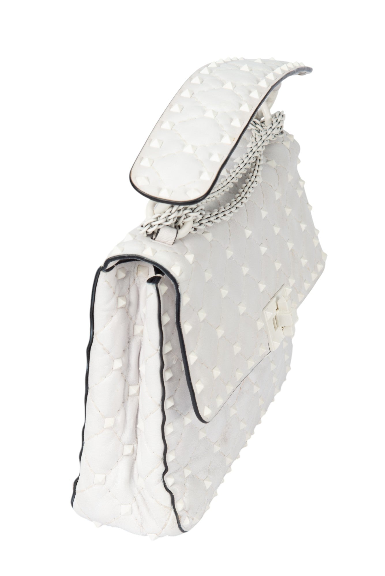 VALENTINO White Quilted Leather Rockstud Spike Shoulder Crossbody Bag