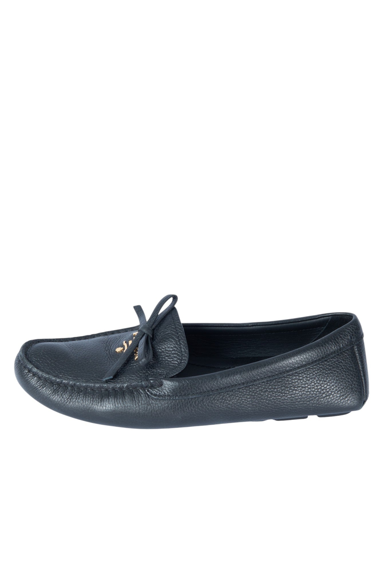 PRADA Black Leather Bow Logo Loafers Size 38.5 US 8.5
