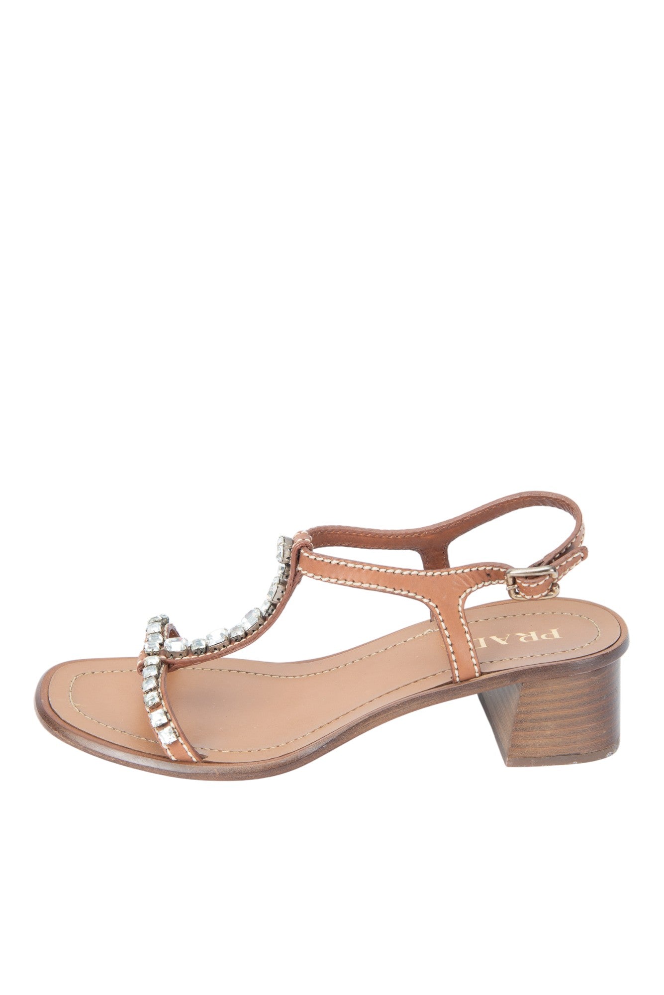 PRADA Brown Leather Rhinestone T-Strap Heeled Sandals Size 37.5 US 7.5
