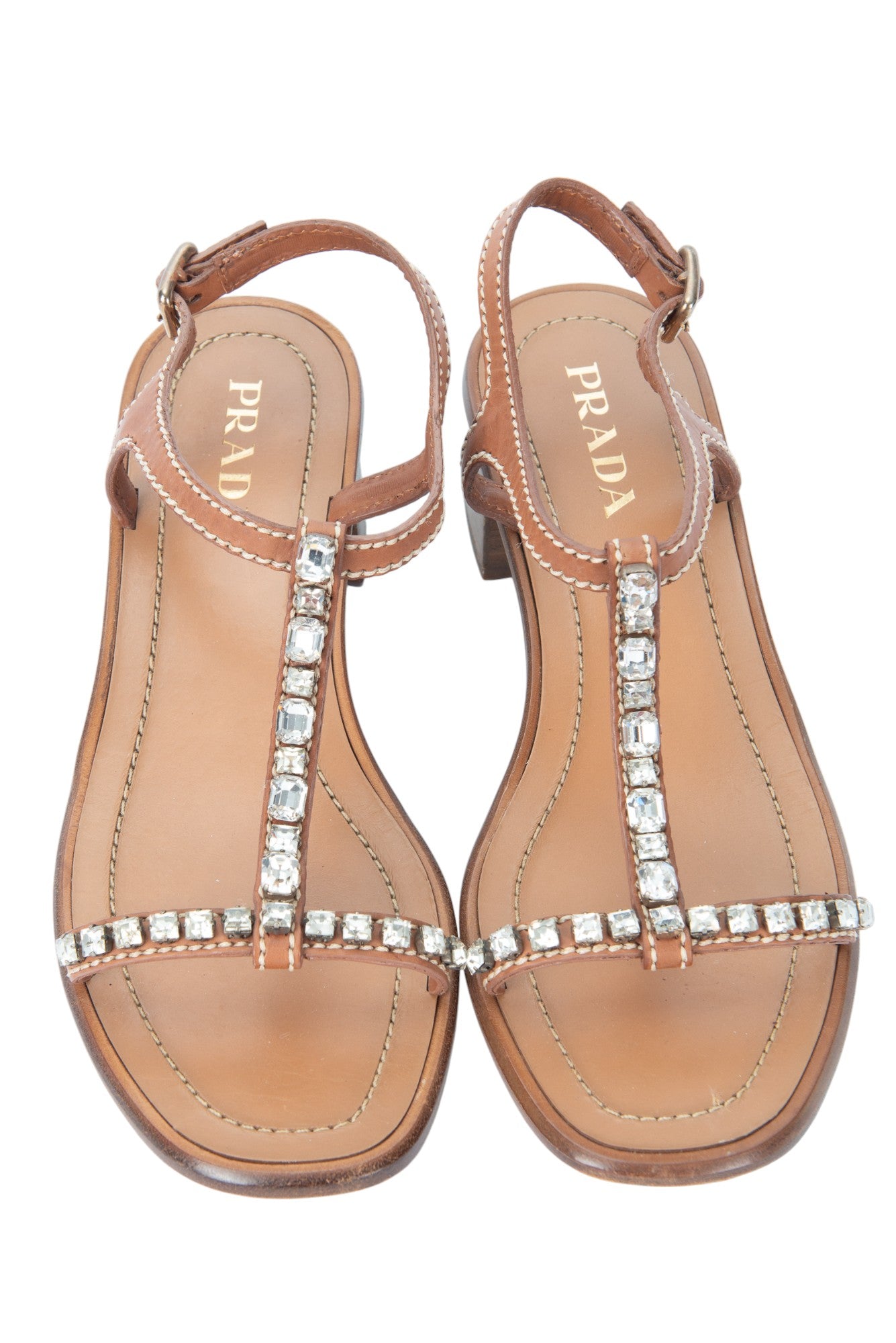 PRADA Brown Leather Rhinestone T-Strap Heeled Sandals Size 37.5 US 7.5