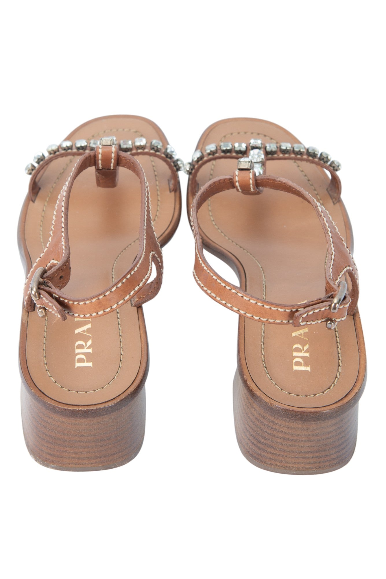 PRADA Brown Leather Rhinestone T-Strap Heeled Sandals Size 37.5 US 7.5
