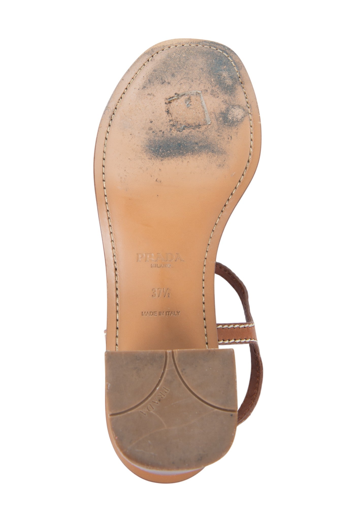 PRADA Brown Leather Rhinestone T-Strap Heeled Sandals Size 37.5 US 7.5