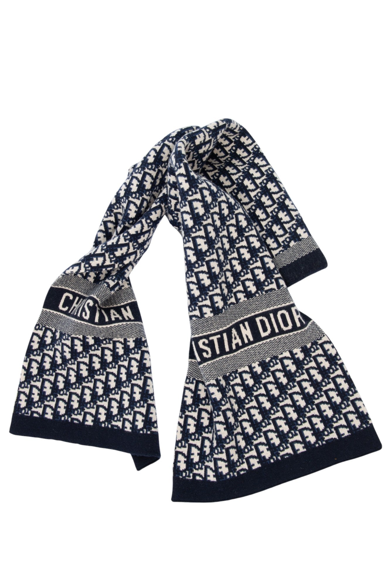 CHRISTIAN DIOR Navy Blue Cashmere Blend Logo Scarf