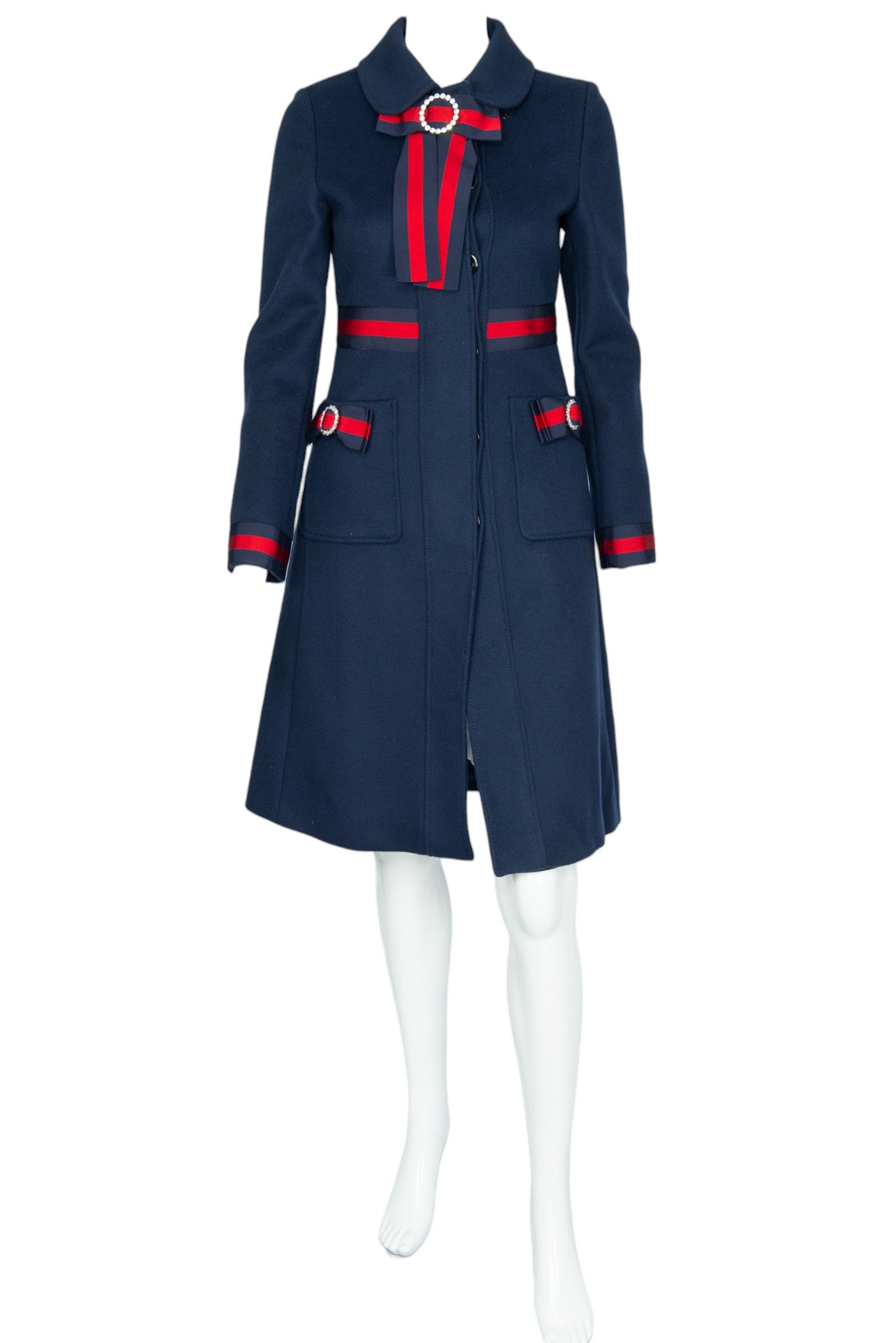 GUCCI Blue Wool Sylvie Bow Detail Coat Size 38 US 2