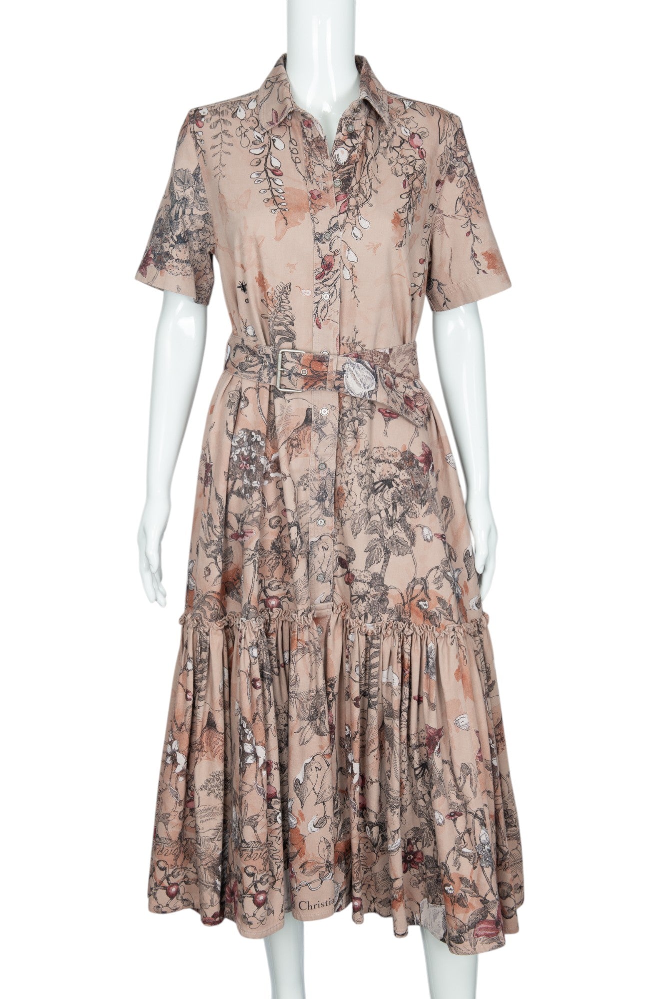 CHRISTIAN DIOR Pink Floral Print Belted Midi Dress Size 4