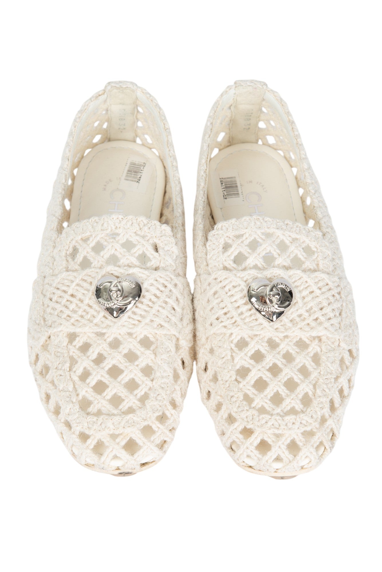 CHANEL White Raffia Braided CC Mocassin Loafers Size 38 US 8