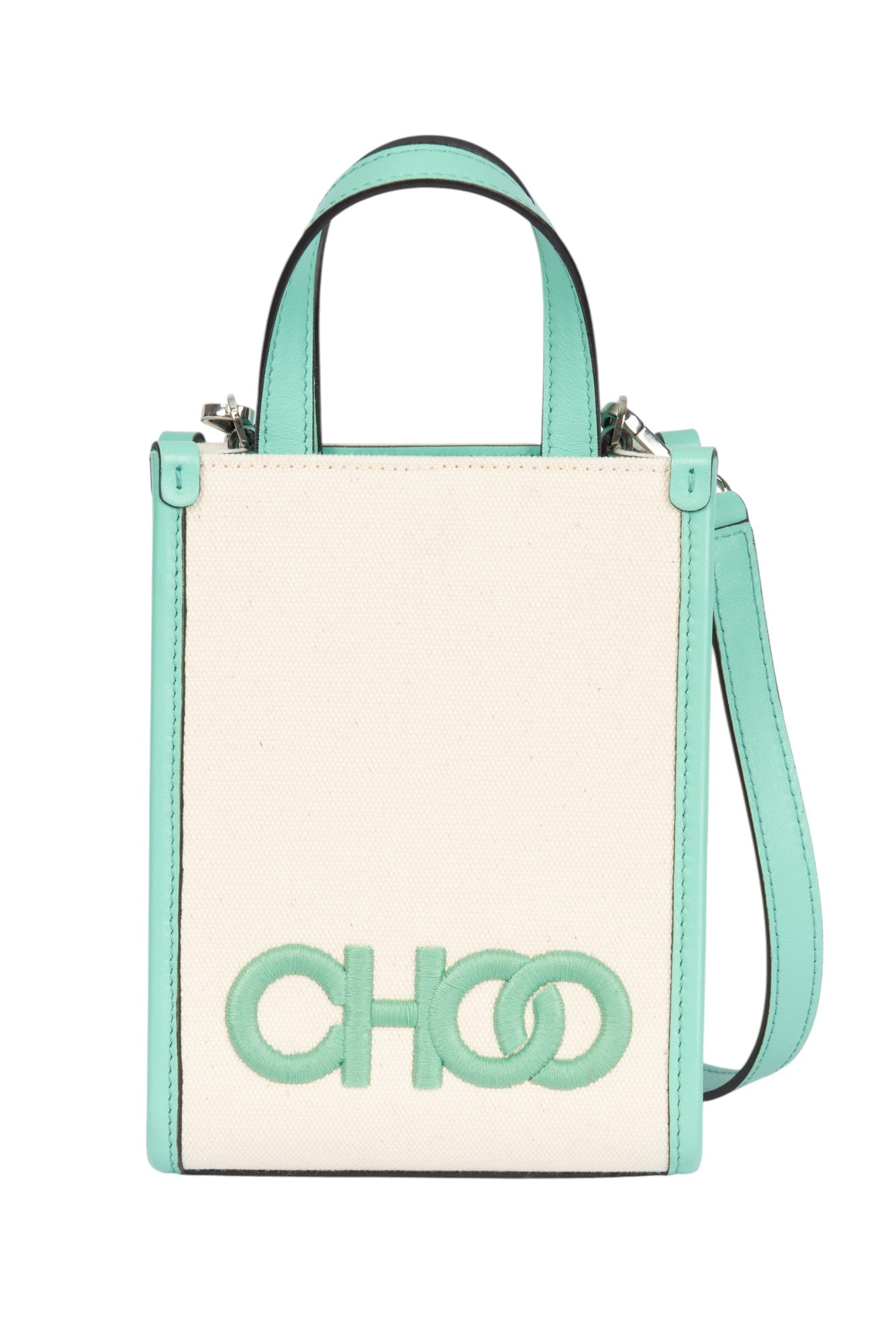 JIMMY CHOO Authentic Beige Teal Canvas Mini Tote Bag – AWE by Aurelle