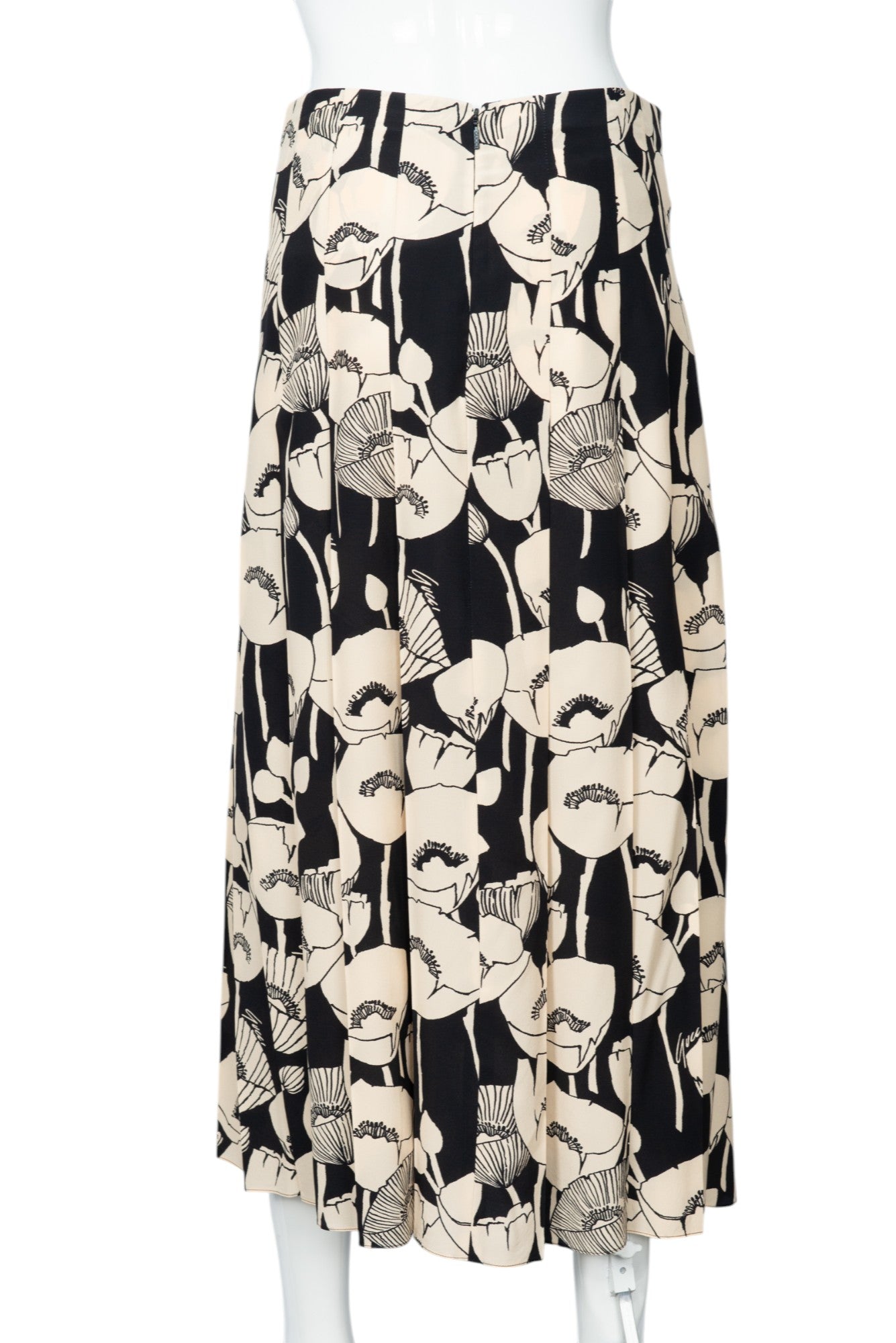 GUCCI Black Beige Silk Poppy Floral Midi Skirt Size 42 US 6