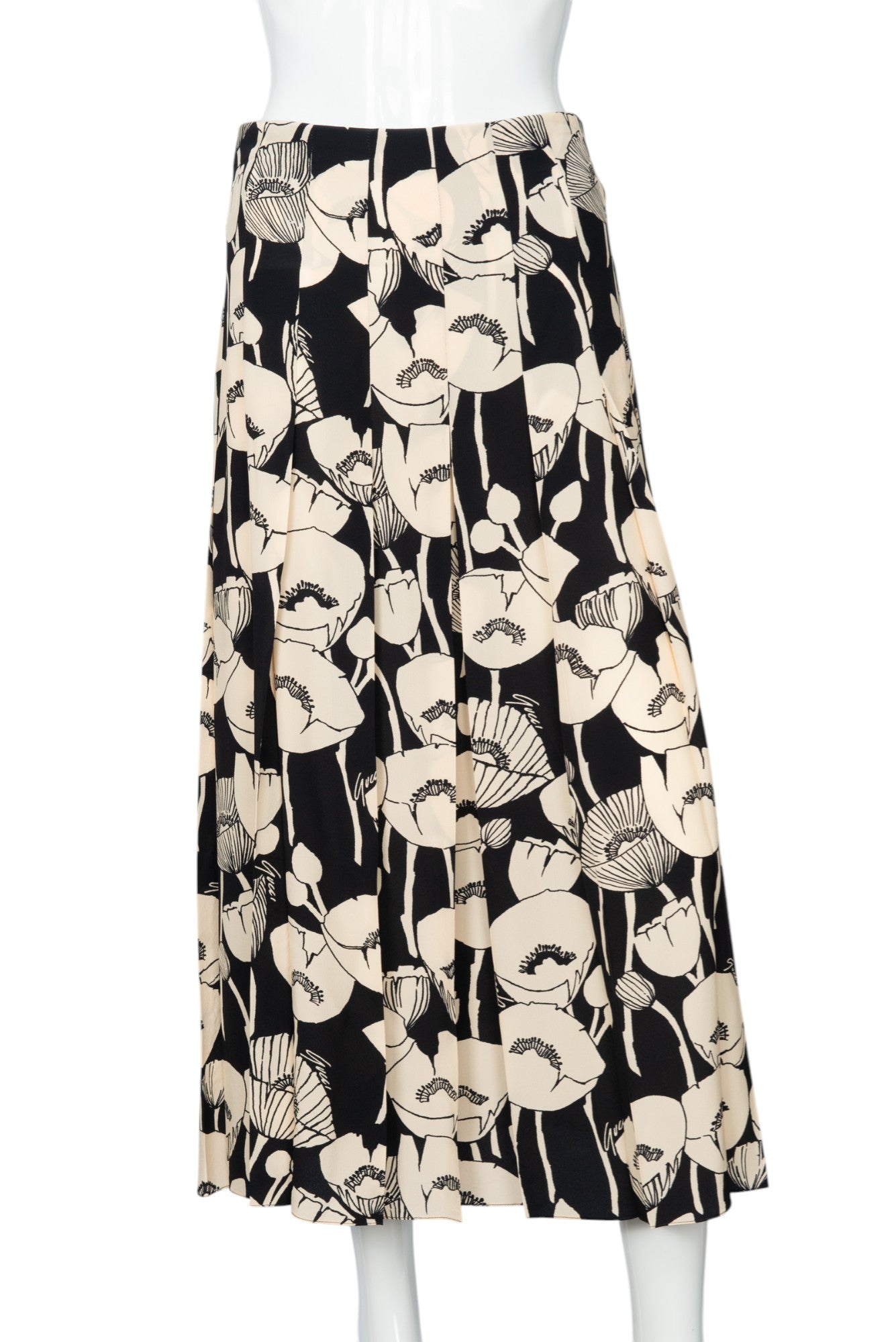 GUCCI Black Beige Silk Poppy Floral Midi Skirt Size 42 US 6