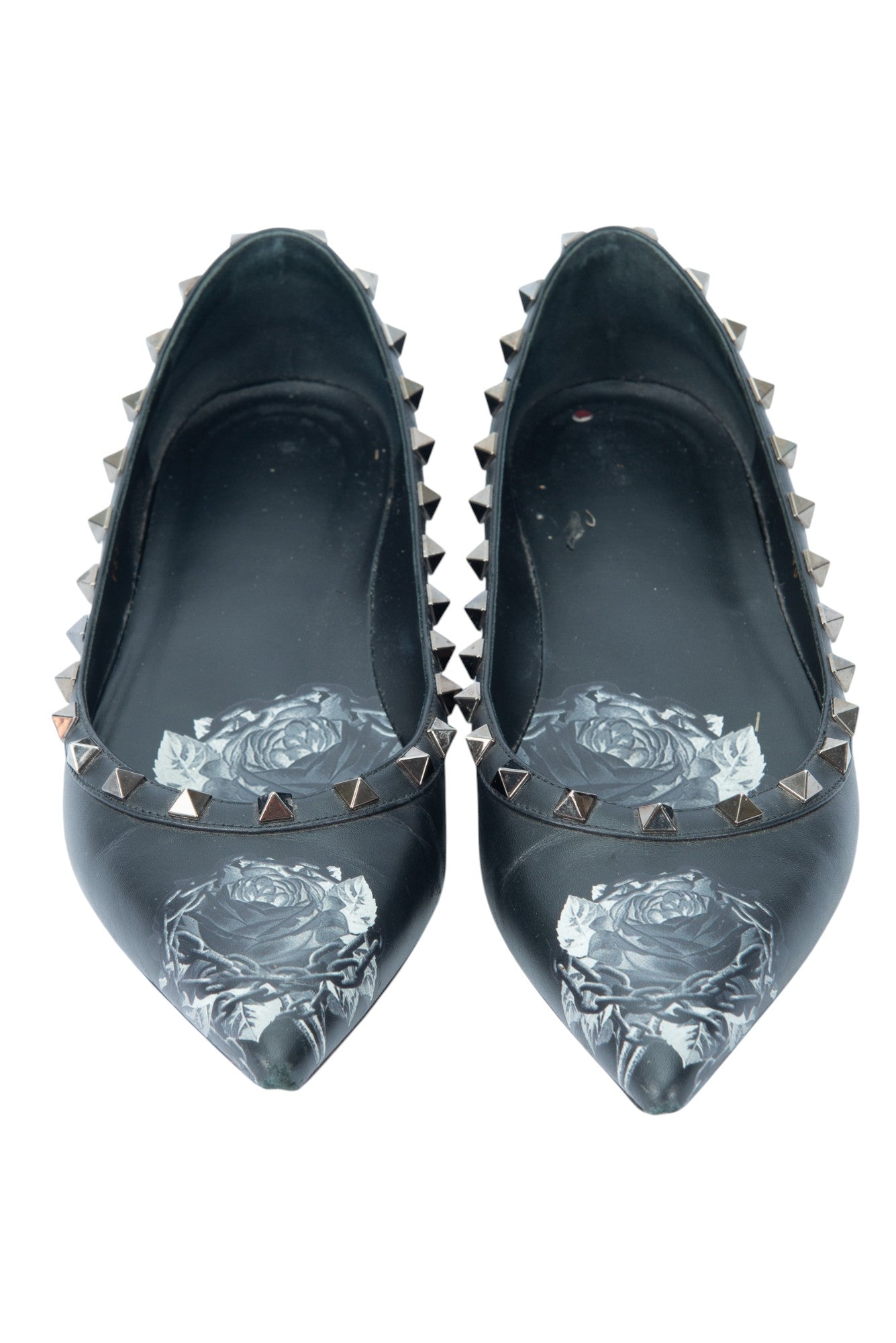 VALENTINO GARAVANI Black Floral Rockstud Ballet Flats Size 40 US 10