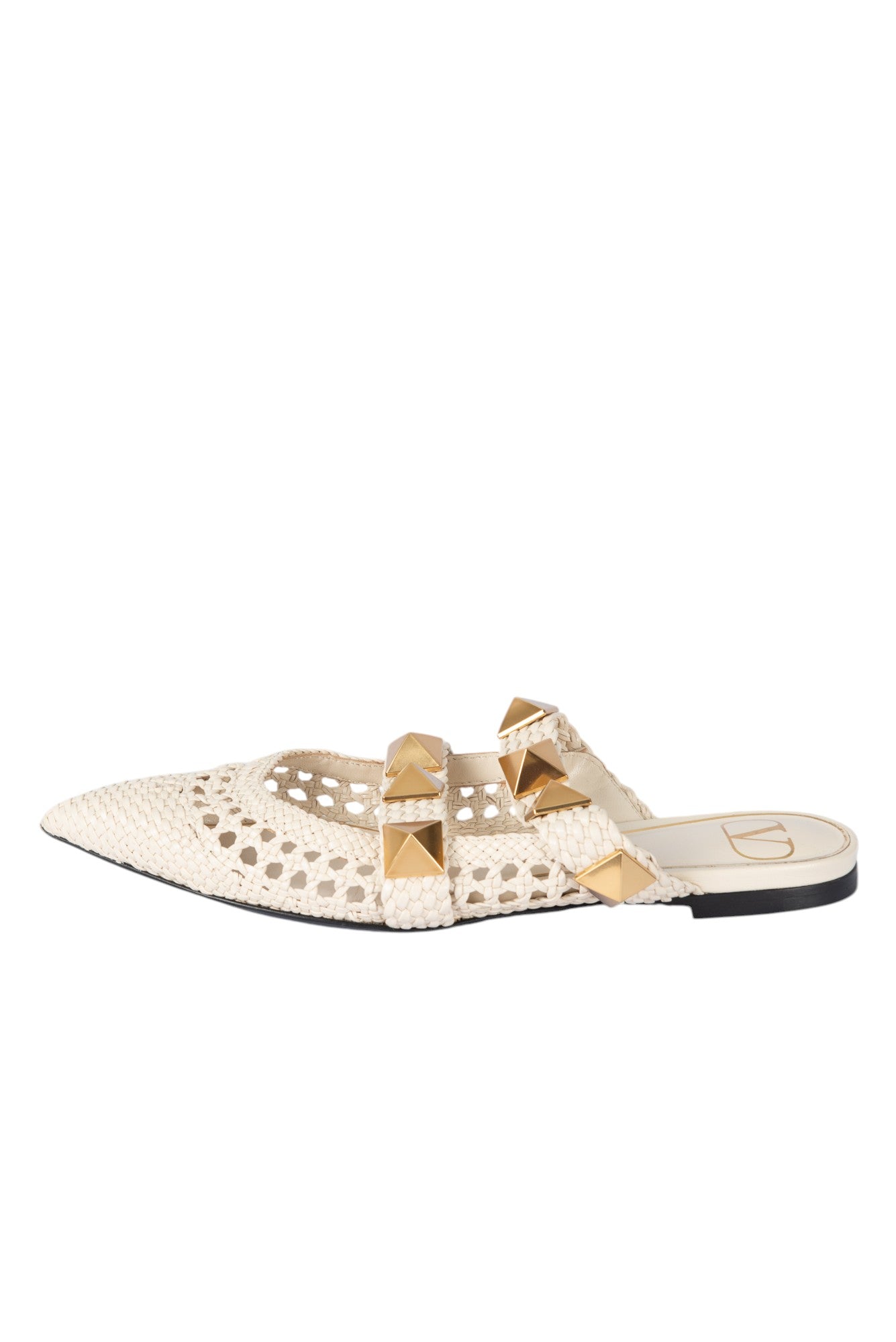 VALENTINO Ivory White Woven Leather Roman Stud Mules Size 36 US 6