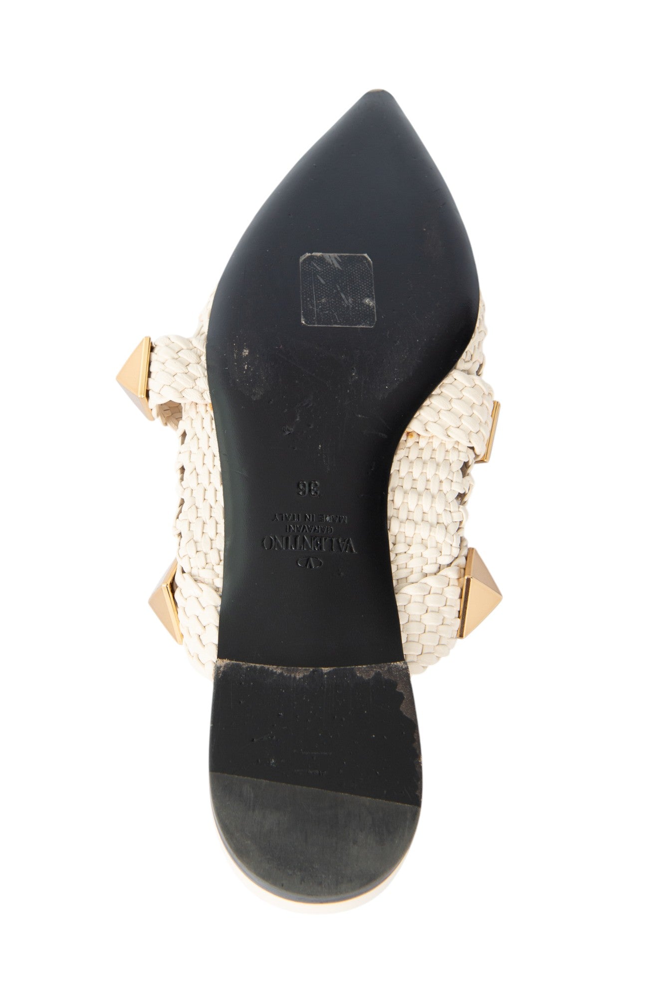 VALENTINO Ivory White Woven Leather Roman Stud Mules Size 36 US 6