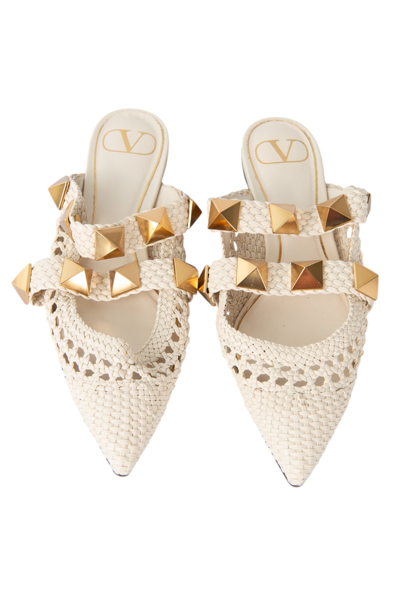 VALENTINO Ivory White Woven Leather Roman Stud Mules Size 36 US 6