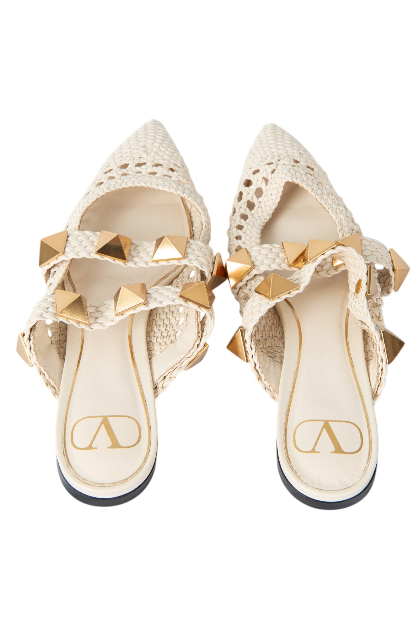 VALENTINO Ivory White Woven Leather Roman Stud Mules Size 36 US 6