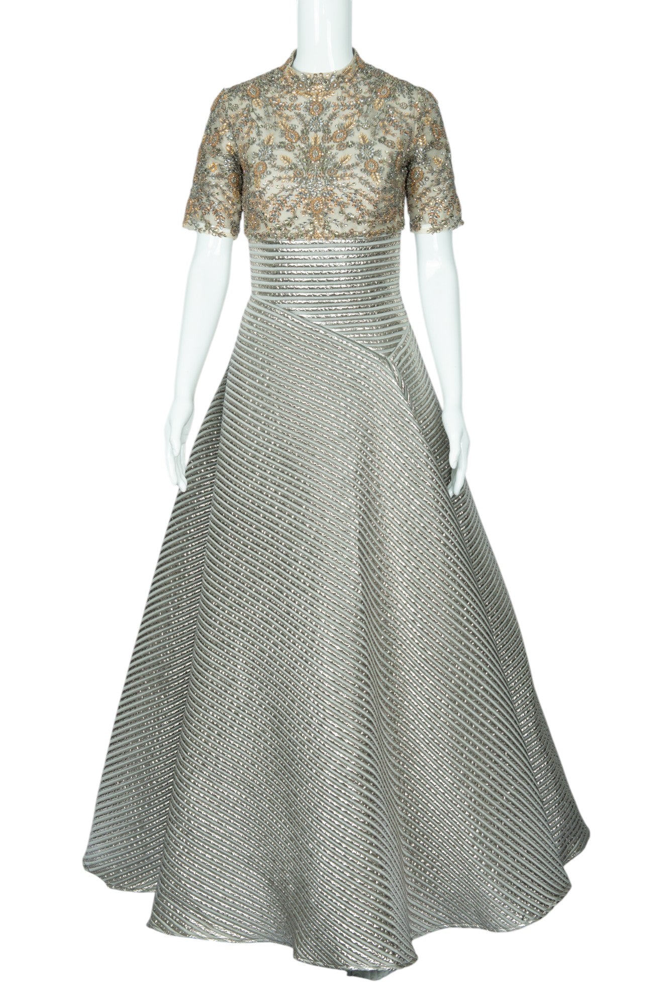 GEMY MAALOUF Silver Rhinestone Studded Maxi Evening Dress Gown Size 6