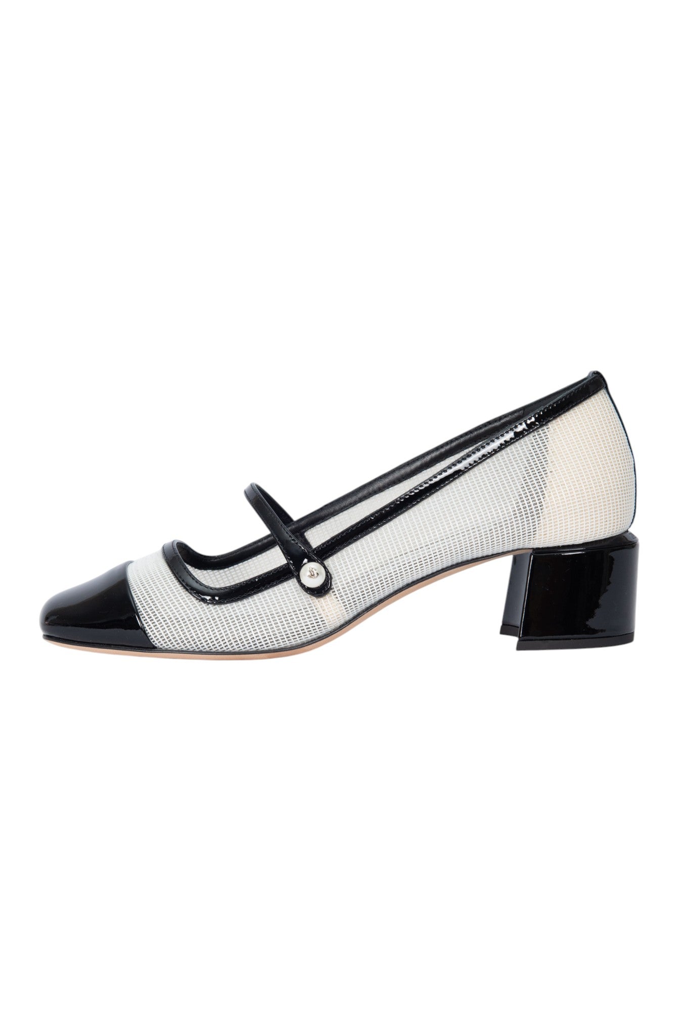 JIMMY CHOO White Black Mesh Patent Elisa 45 Heels Size 36.5 US 6.5