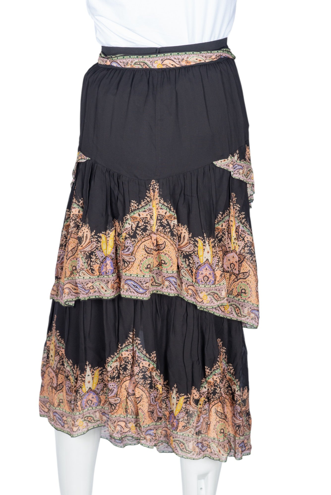 ZIMMERMANN Black Paisley Tiered Midi Skirt Size S