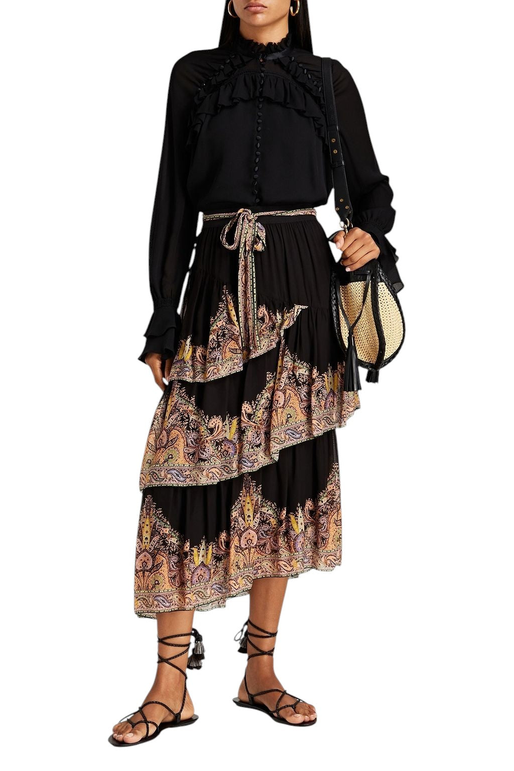 ZIMMERMANN Black Paisley Tiered Midi Skirt Size S