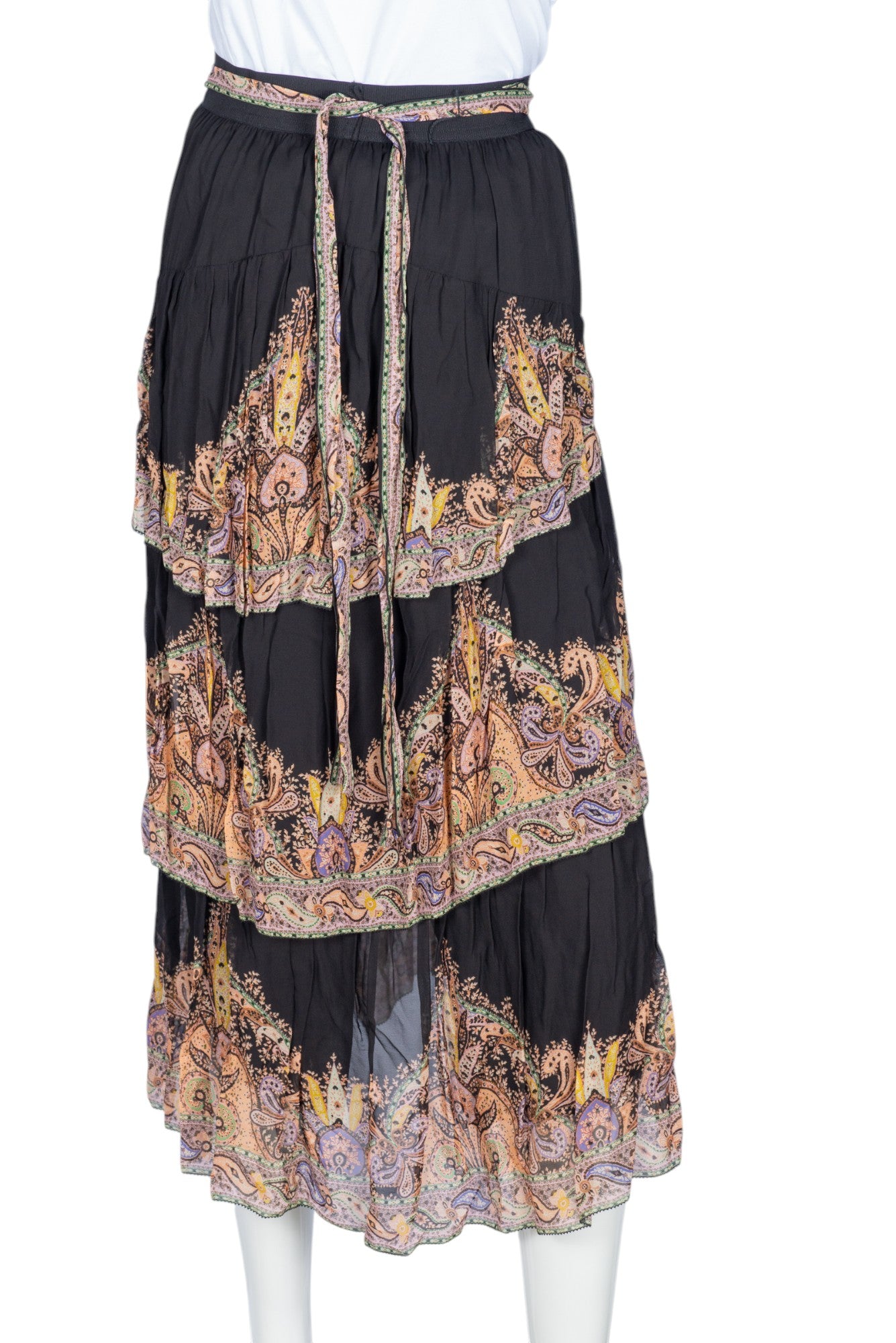 ZIMMERMANN Black Paisley Tiered Midi Skirt Size S