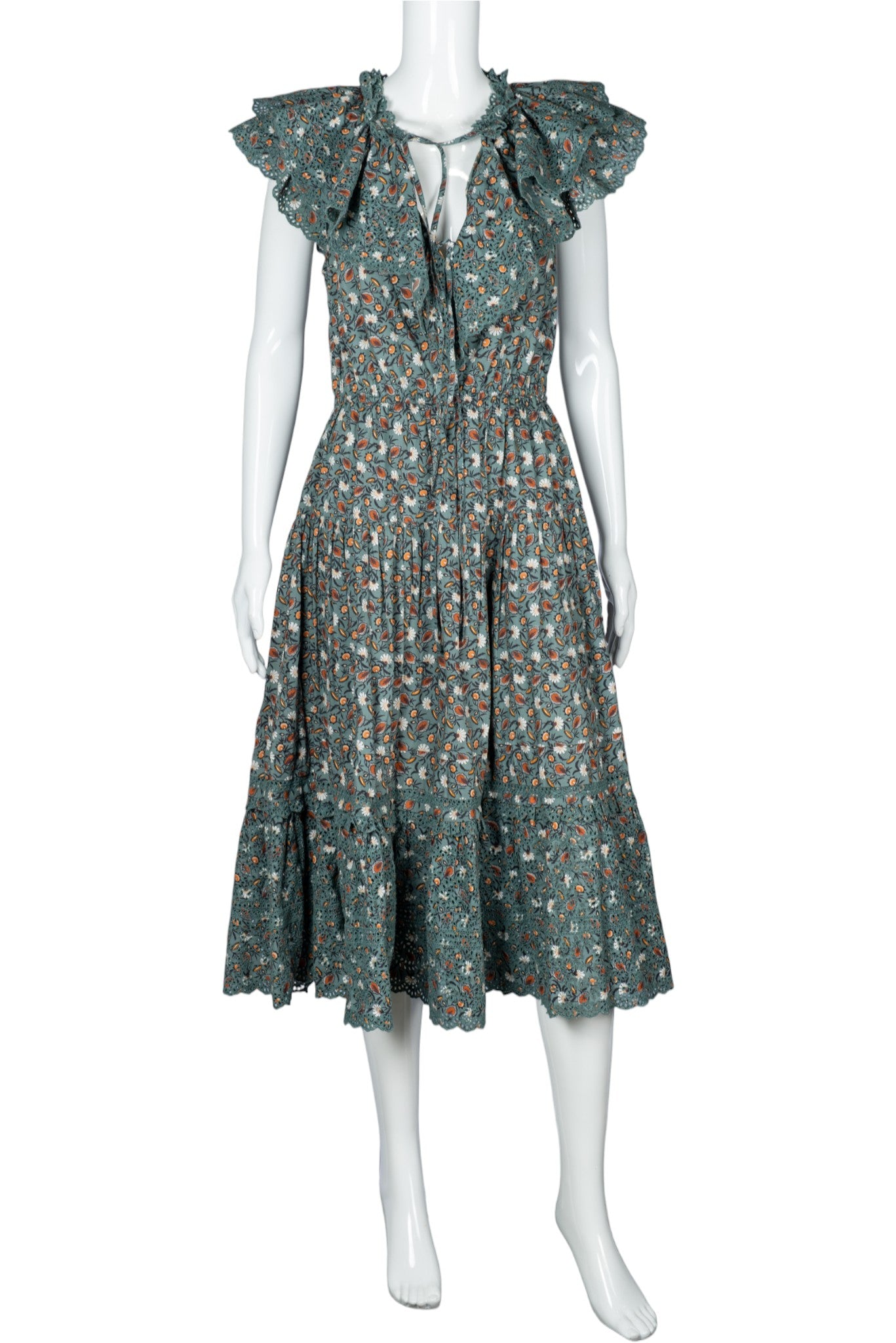 ULLA JOHNSON Green Cotton Floral Midi Dress Size M