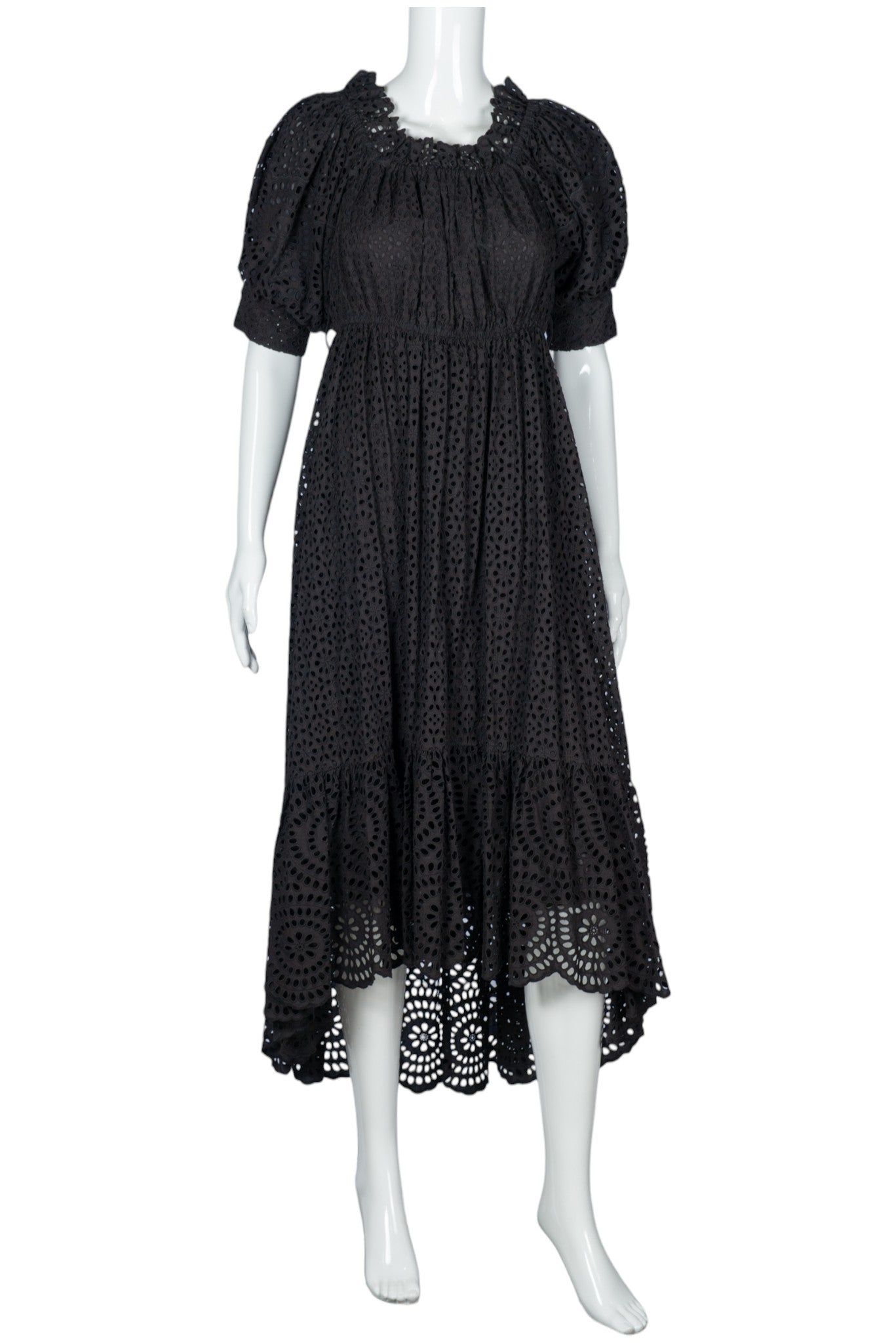 ULLA JOHNSON Black Cotton Lace Eyelet High-Low Midi Dress Size XS