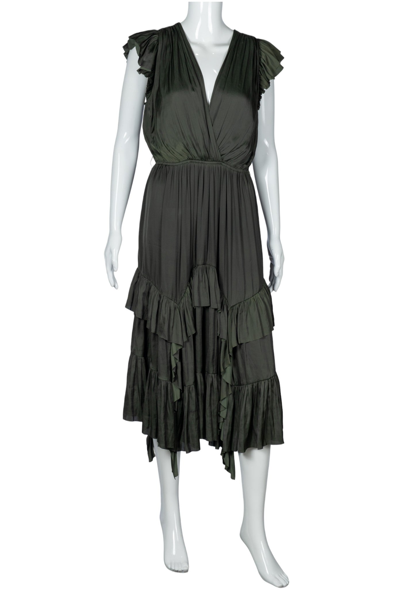 ULLA JOHNSON Green Satin Asymmetric Midi Dress Size M