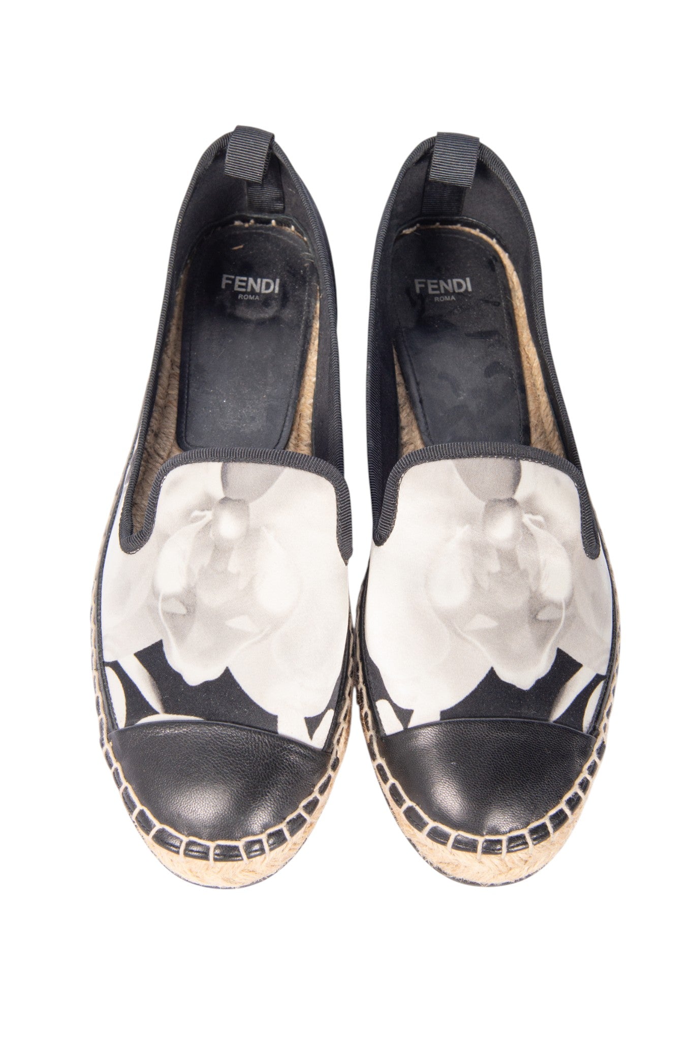 FENDI Black Satin Floral Print Espadrilles Size 38