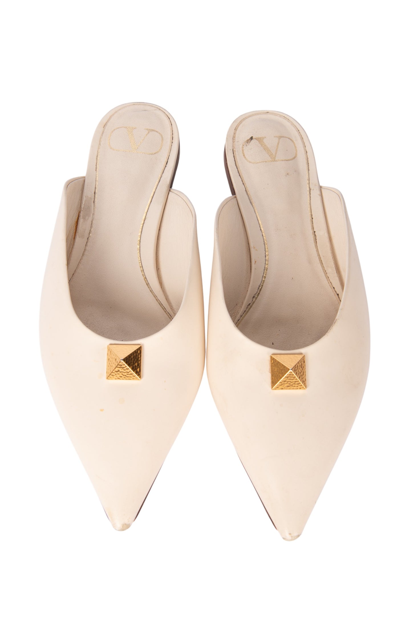 VALENTINO Beige Leather One Stud Pointed Toe Mules Size 38