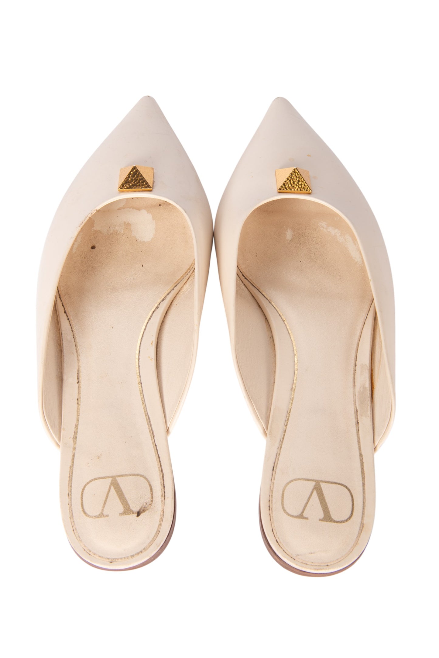 VALENTINO Beige Leather One Stud Pointed Toe Mules Size 38