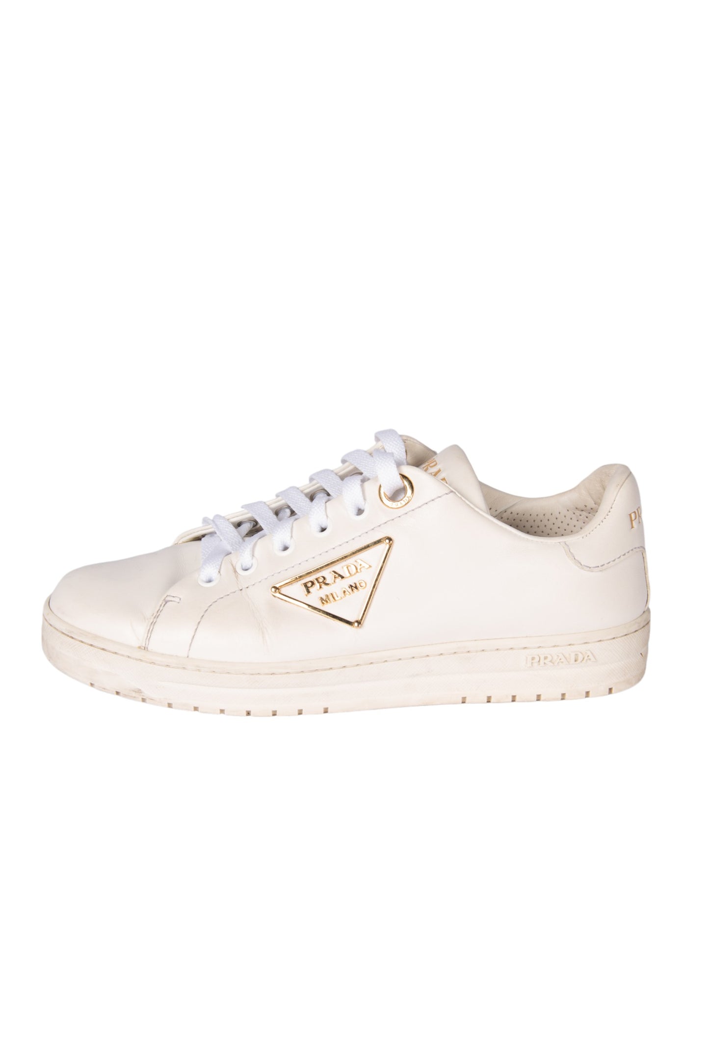 PRADA White Leather Gold Triangle Logo Sneakers Size 37.5