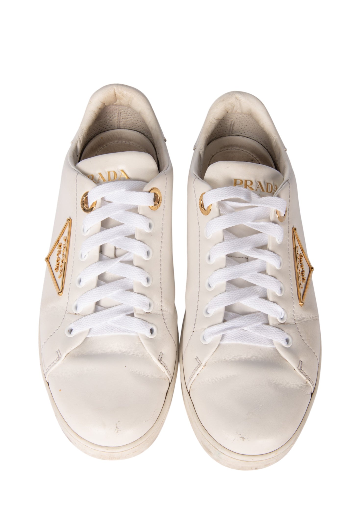 PRADA White Leather Gold Triangle Logo Sneakers Size 37.5