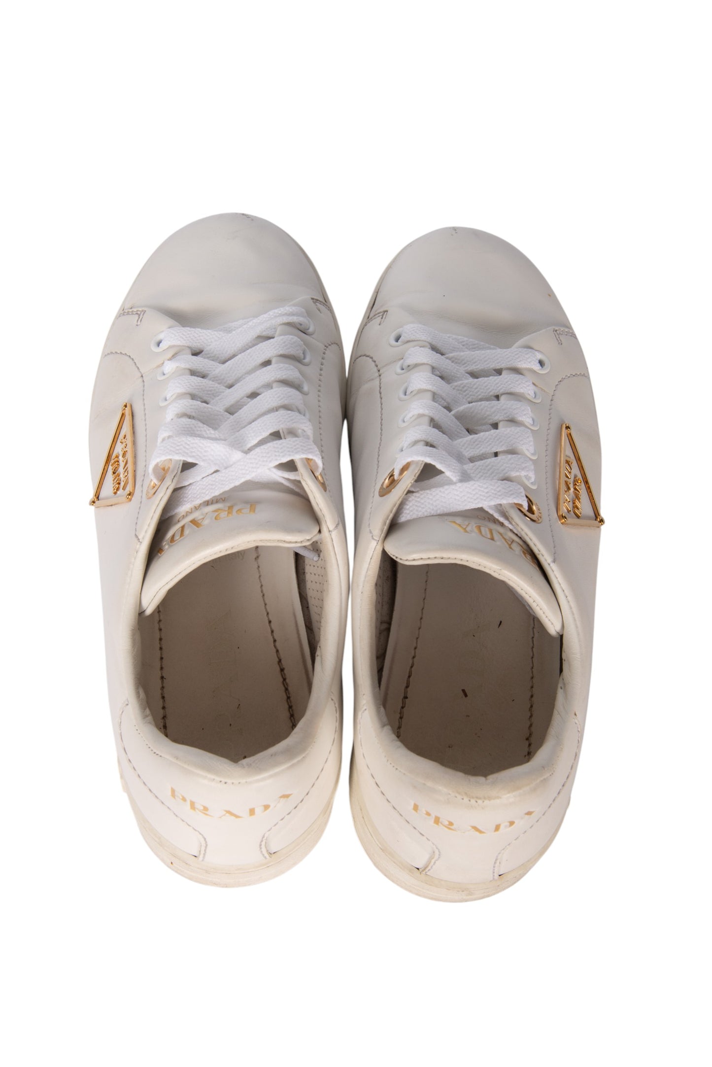 PRADA White Leather Gold Triangle Logo Sneakers Size 37.5