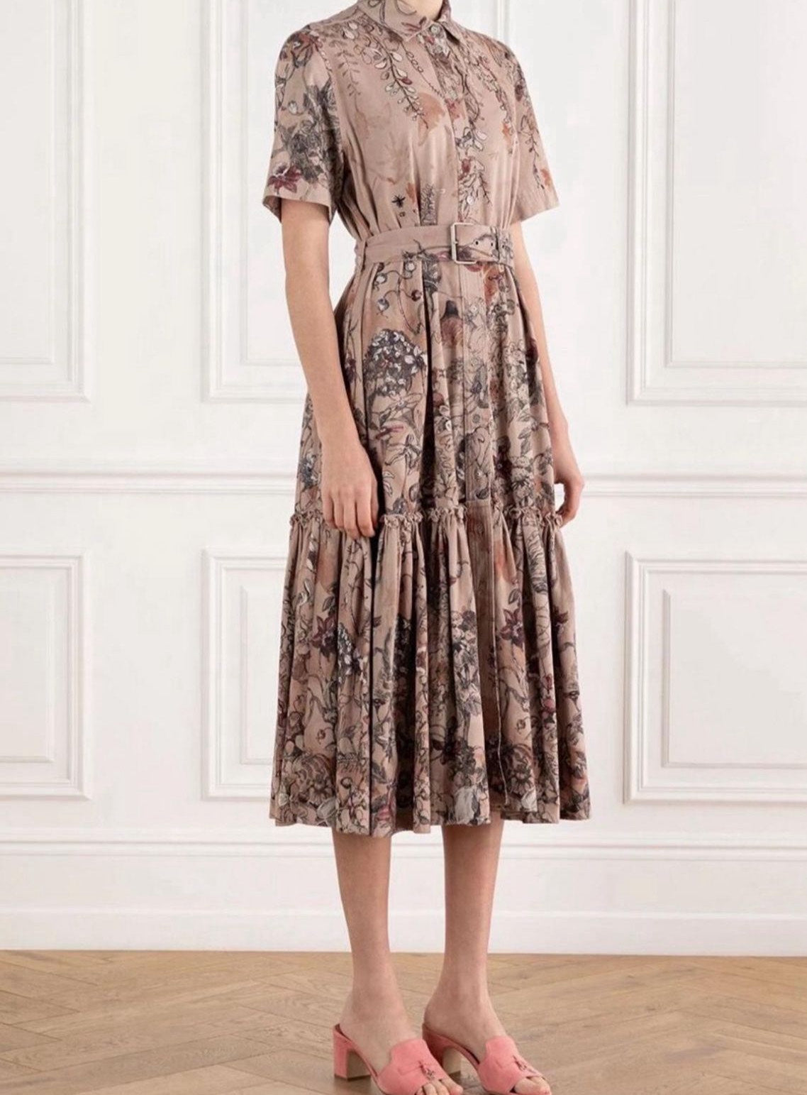 CHRISTIAN DIOR Pink Floral Print Belted Midi Dress Size 4