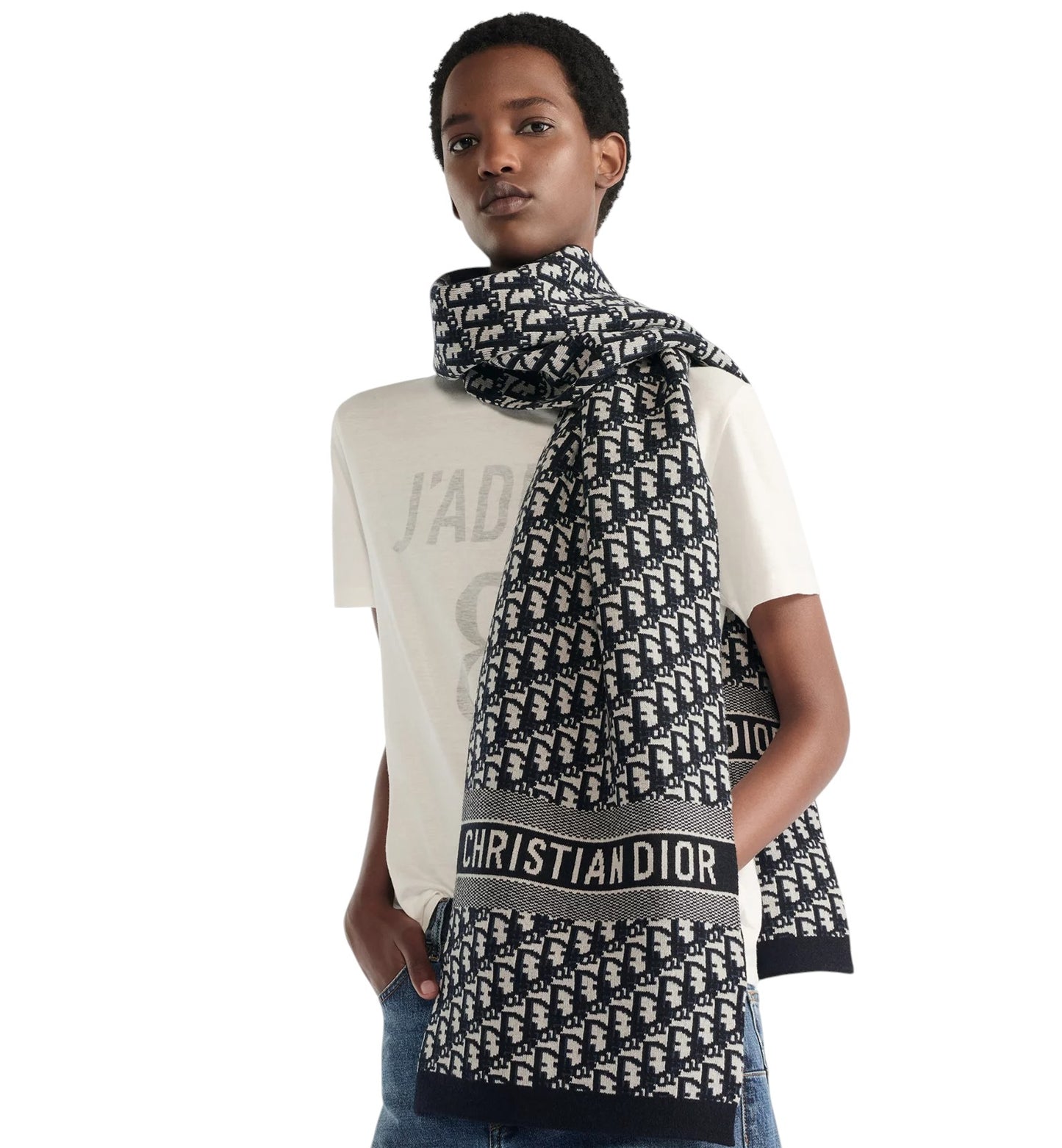 CHRISTIAN DIOR Navy Blue Cashmere Blend Logo Scarf