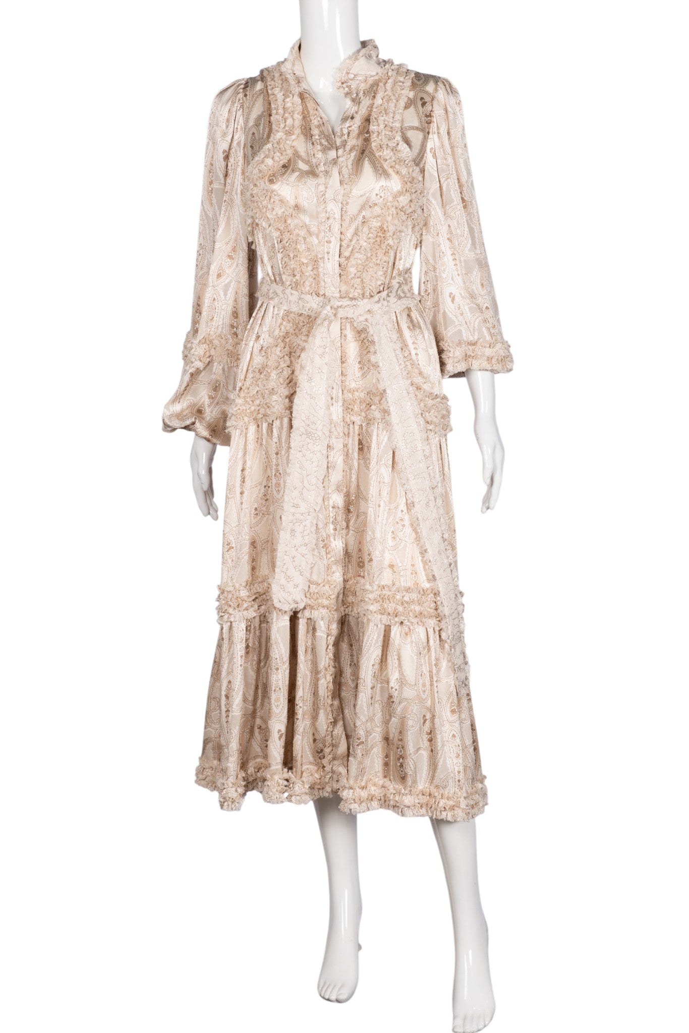 ALEXIS Brown Paisley Print Satin Midi Dress with Ruffle Details Size S