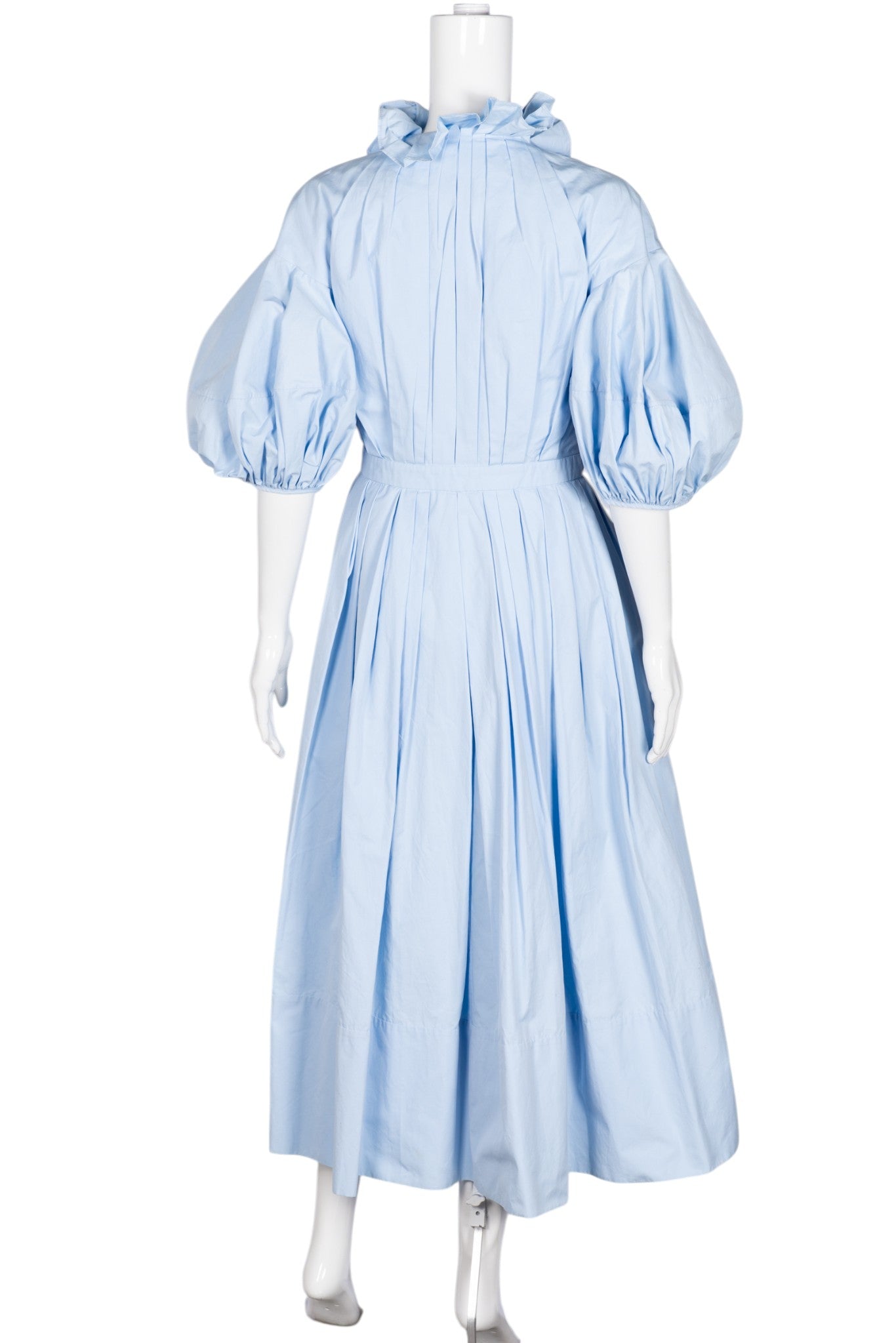 ALEXANDER MCQUEEN Blue Cotton Poplin Ruffled Neck Puff Sleeve Shirt Dress Size M