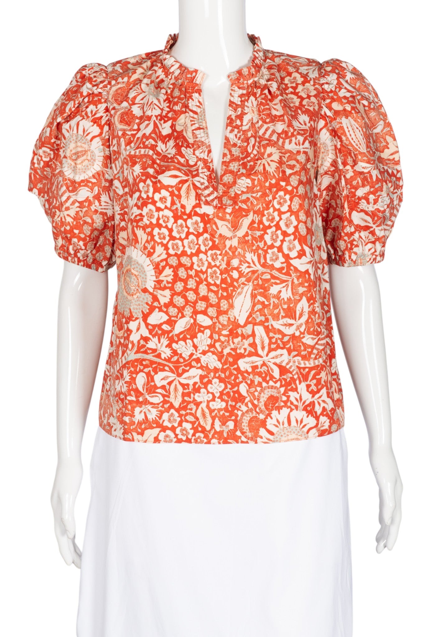 ULLA JOHNSON Orange Cotton Floral V-Neck Blouse Size S